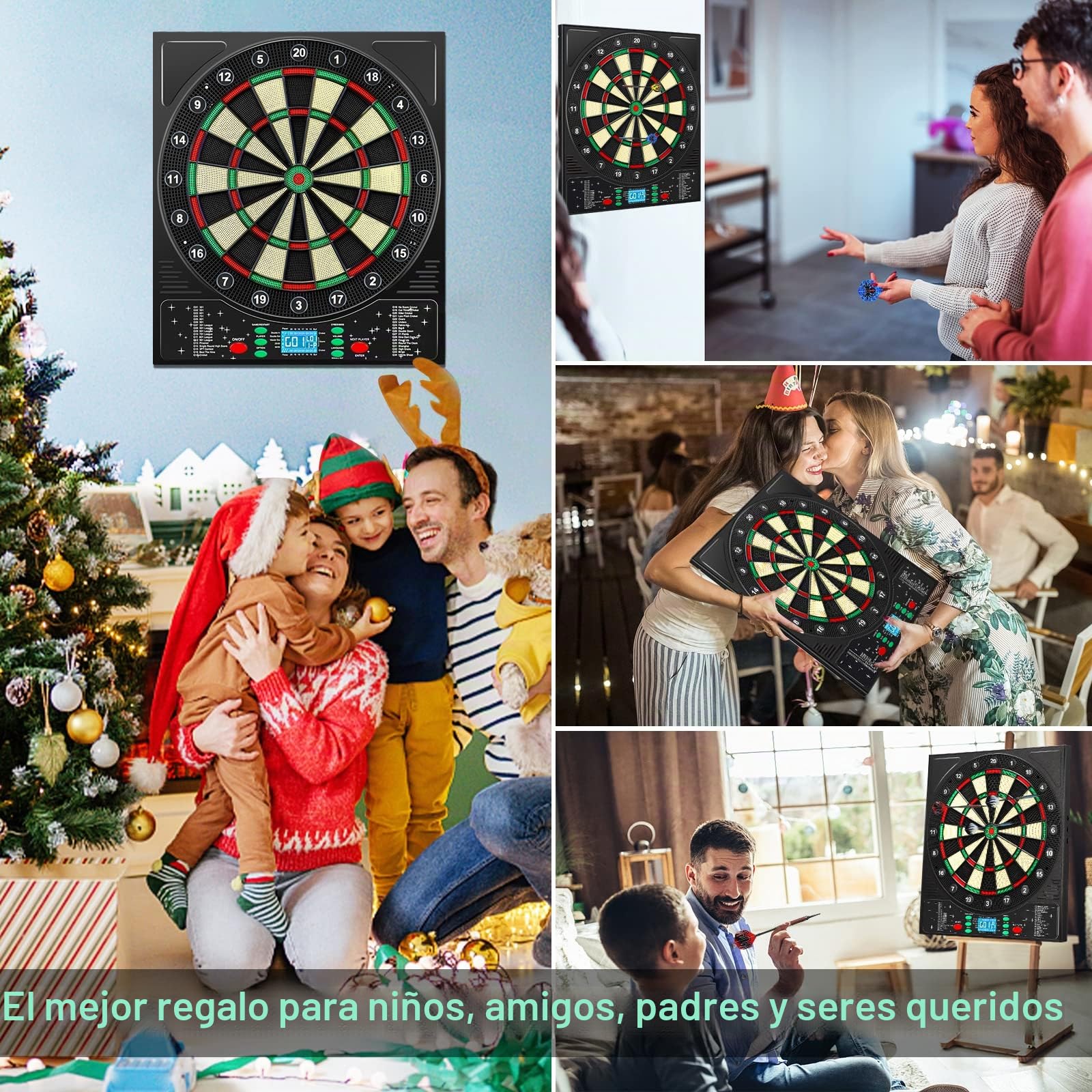 Mejasg Diana electrónica con voz alemana y pantalla LCD, electrónica con 12 flechas,34 juegos y 355 variaciones,innovadora diana electrónica para 1-8 jugadores,Negro,rojo,verde y beige,46×52×2.6cm