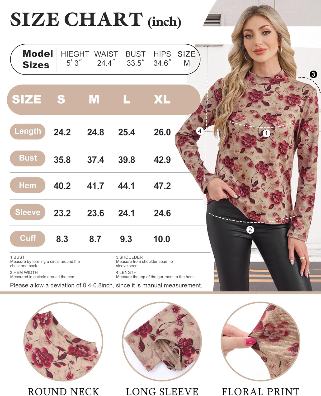 Bebonnie Women Long Sleeve Mock Neck Thick Warm Sweater Shirts Floral Stretchy Thermal Winter Blouses - Image 7