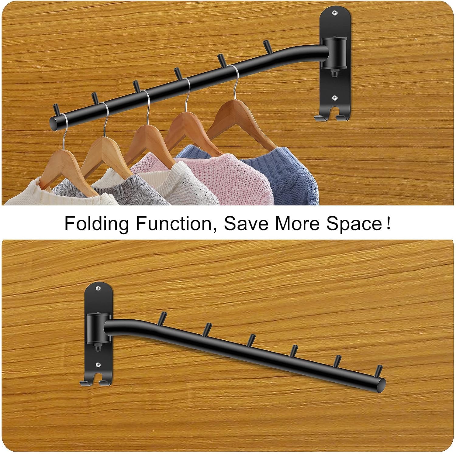 Bosszi 2-Pack Wall Mounted Folding Clothes Hanger Rack, Stainless Steel Clothes Hooks with Swing Arm Holder Space Saving Clothing Hanging System Closet Storage Organizer Heavy Duty Drying Rack (Black)