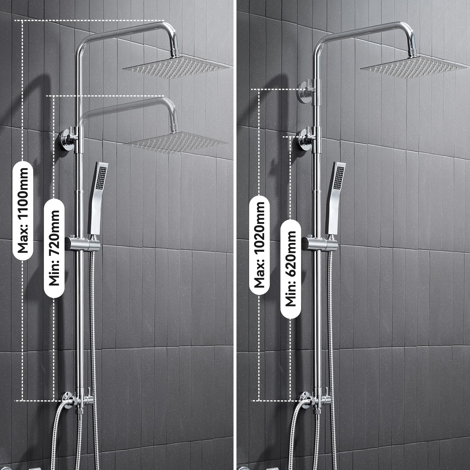 Auralum Colonna Doccia senza Miscelatore, Colonna Doccia Acciaio Inox con Saliscendi Doccia Altezza Regolabile 72-110cm, Asta Doccia con Soffione e Doccetta, Ideal Standard Gruppo Doccia per Vasca