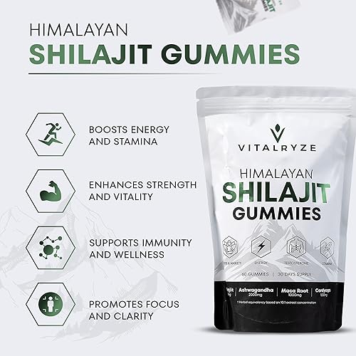 Miniatura 2 de Gomitas Shilajit puras del Himalaya con 100% Shilajit, grado oro de alta potencia, para impulso de energía y apoyo inmunológico, 75% más de ácido