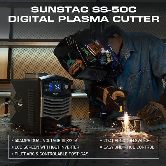 Sunstac 50A Plasma Cutter with Non-HF Pilot Arc, 110V/220V | 2T/4T trigger modes, 110V/220V dual voltage, Large LCD Display with IGBT Inverter