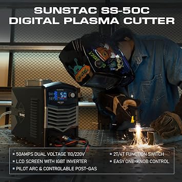 Sunstac 50A Plasma Cutter with Non-HF Pilot Arc, 110V/220V | 2T/4T trigger modes, 110V/220V dual voltage, Large LCD Display with IGBT Inverter