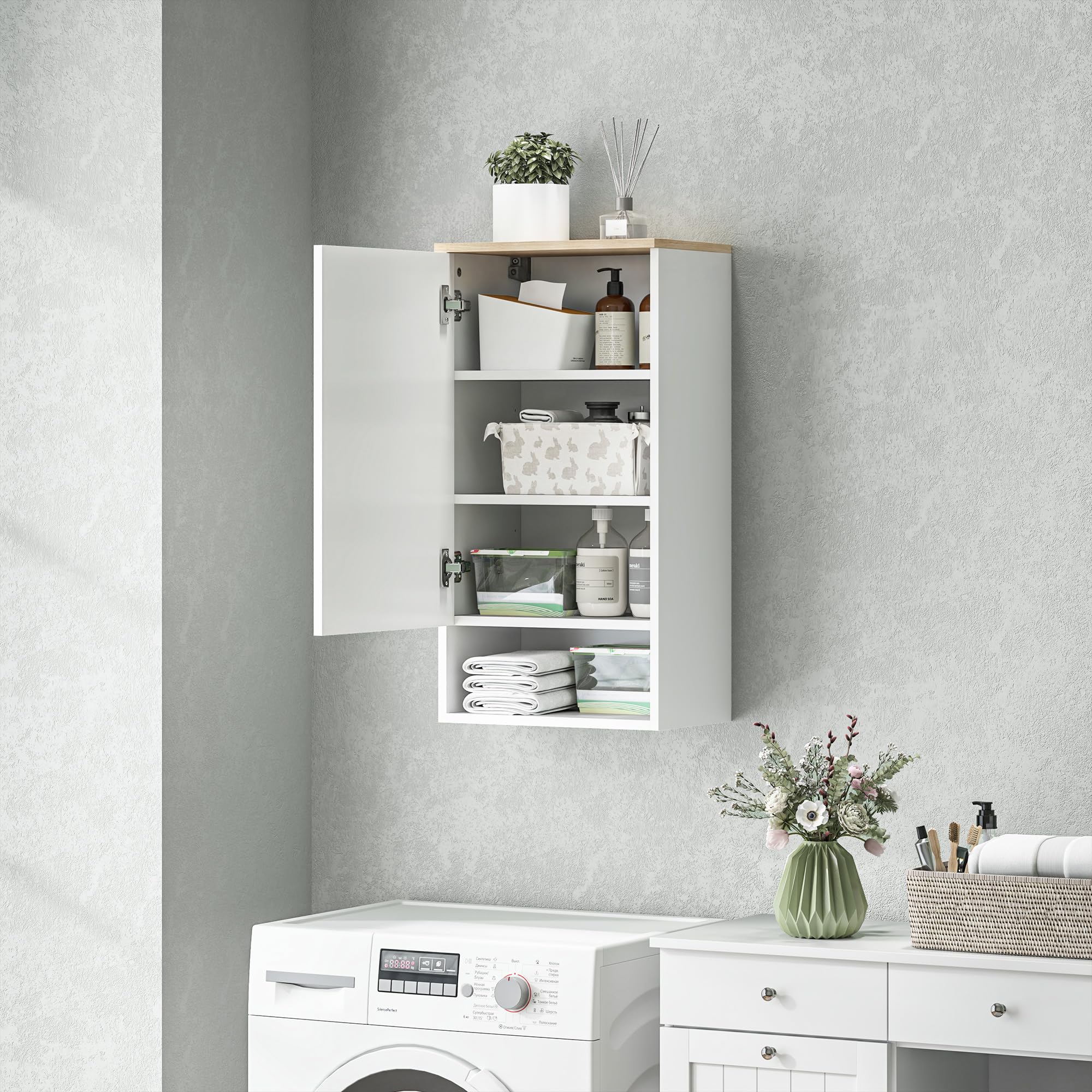HOMCOM Badezimmerschrank Hängeschrank mit Tür Wandschrank mit verstellbaren Ablagen, Einlegeboden Badschrank 40 x 27 x 77 cm Weiß