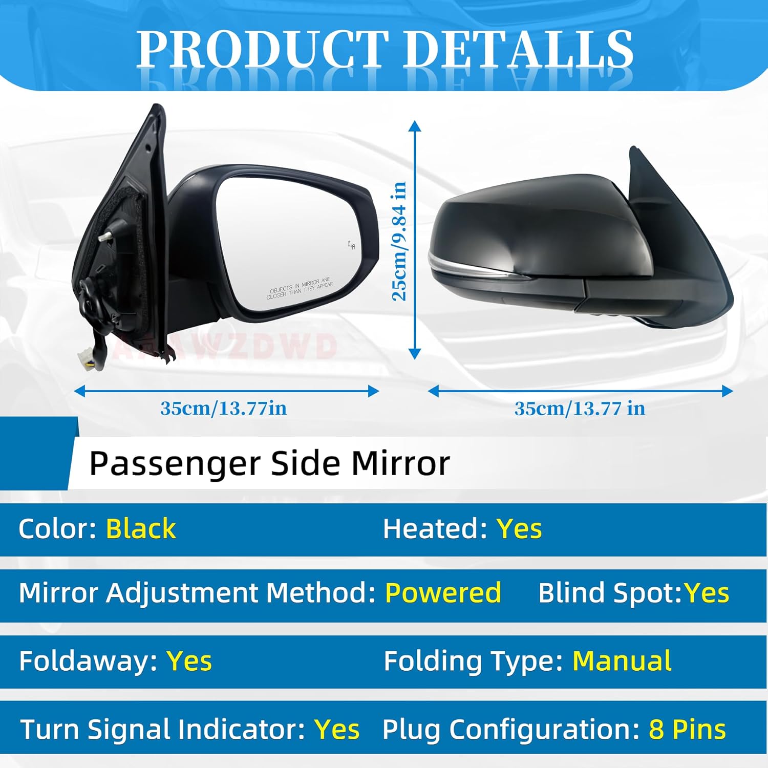 Black Right Passenger Side Mirror Replacement For Toyota Tacoma 2016-2022-Power Glass,Heated,Manual Folding,Turn Signal, Blind Spot Detection For Tacoma Side Mirror#TO1321350(8Pins)