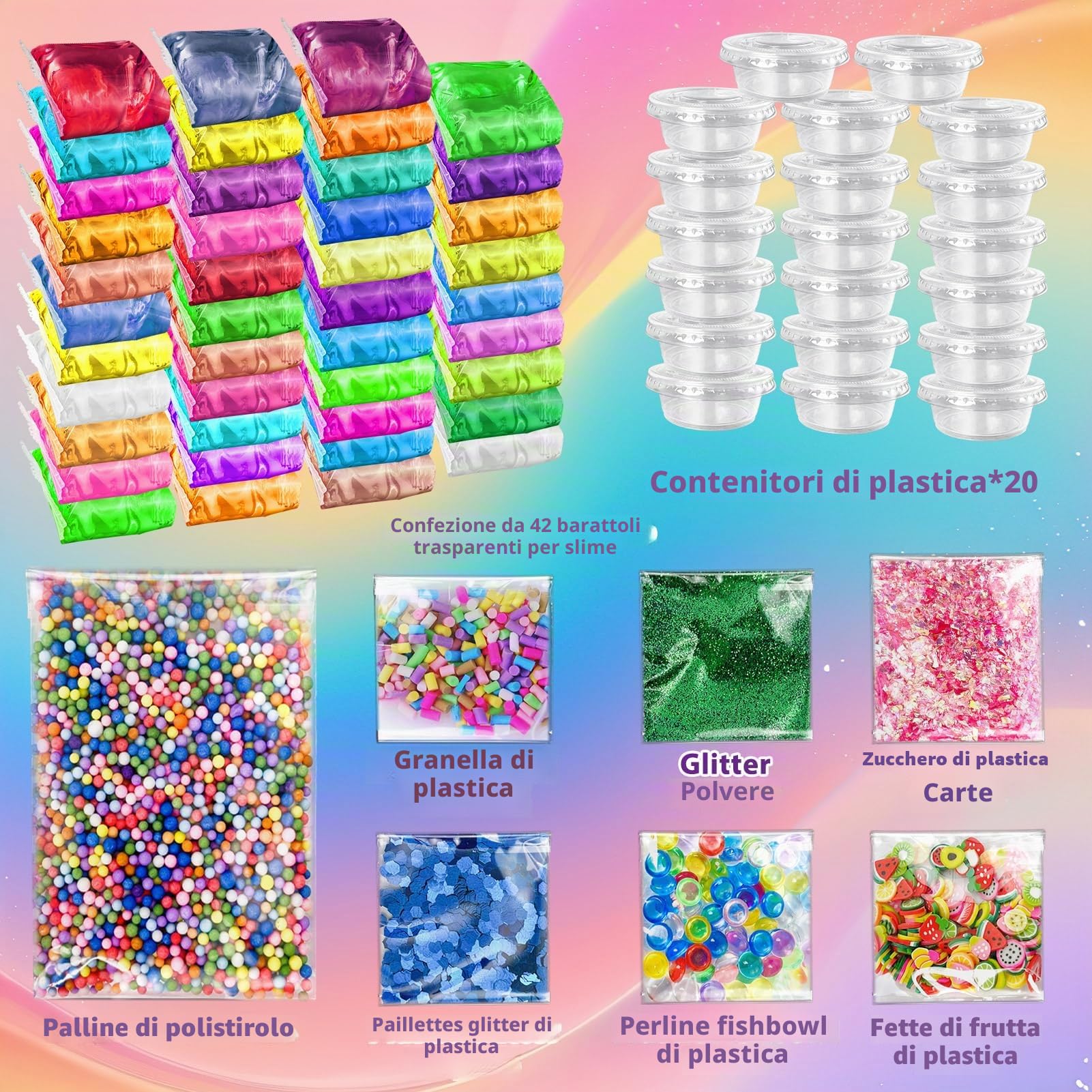 50 Colori DIY Slime Kit Slime Making per Ragazze, Crystal Clear Slime, Glow in The Dark Slime con Sfere di Schiuma Aggiuntive, Charms, Glitter, Giocattolo Regalo per Bambini