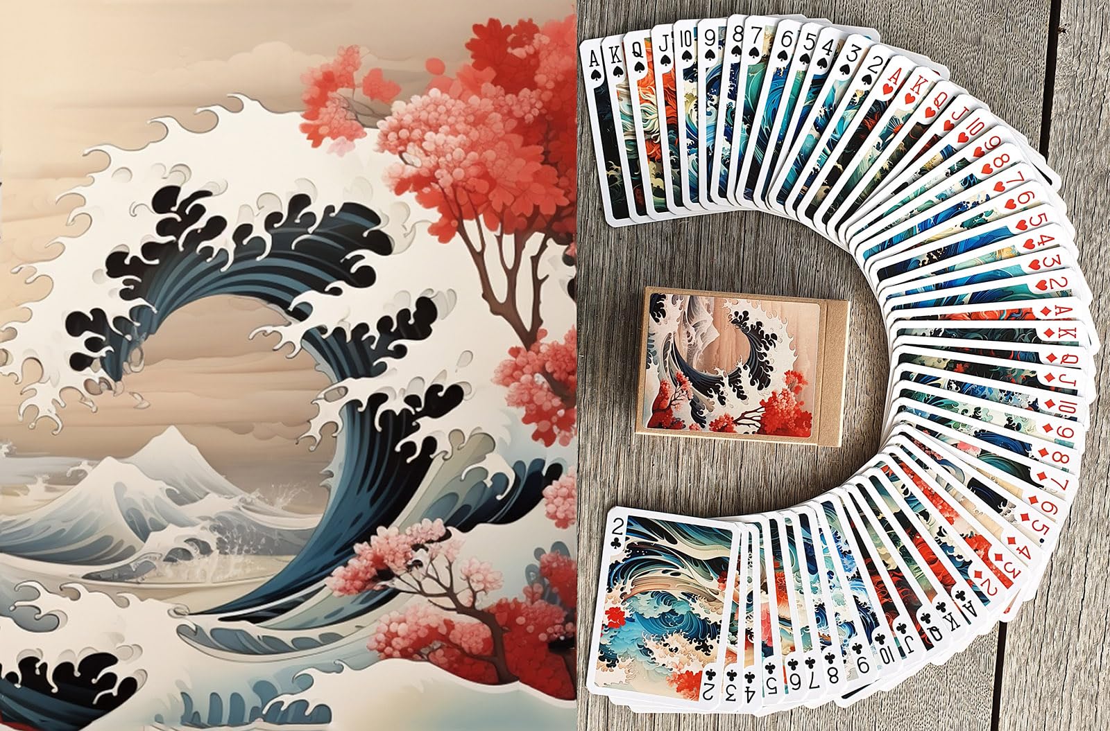 Roaring Waves and Majestic Beasts Playing Cards (Poker Deck 54 Cards All Different) Great Wave Japan Sakura and Ancient Demons Vintage Styled Illustration