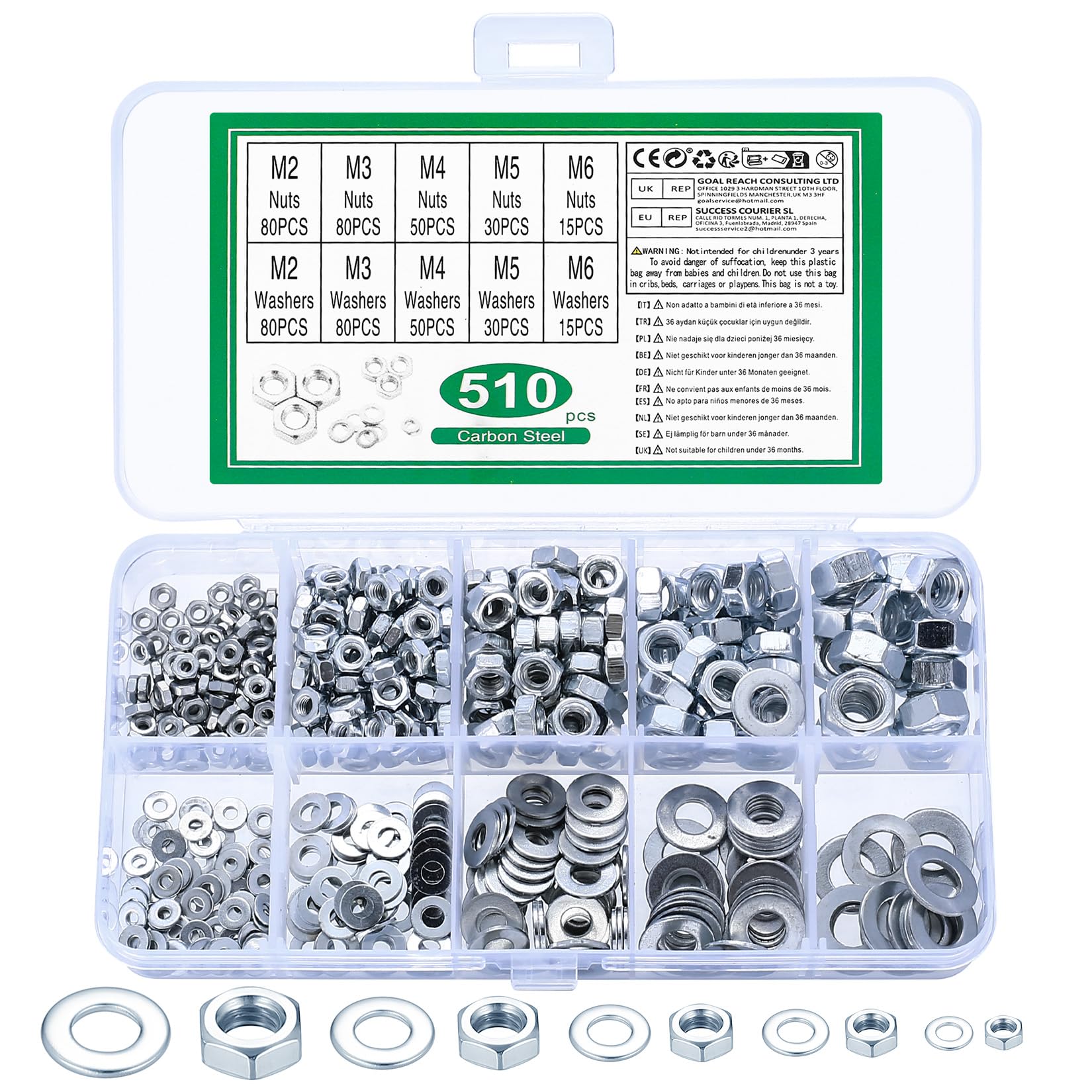 510 Pz M2 M3 M4 M5 M6 Dadi Esagonali e Rondelle Piatte: 255 Set di dadi Esagonali in Metall, 255 rondelle per Viti Barra Filettata, Dado Esagonale, Rondelle e Dadi per Bulloni Viti，Kit Dado Elementi