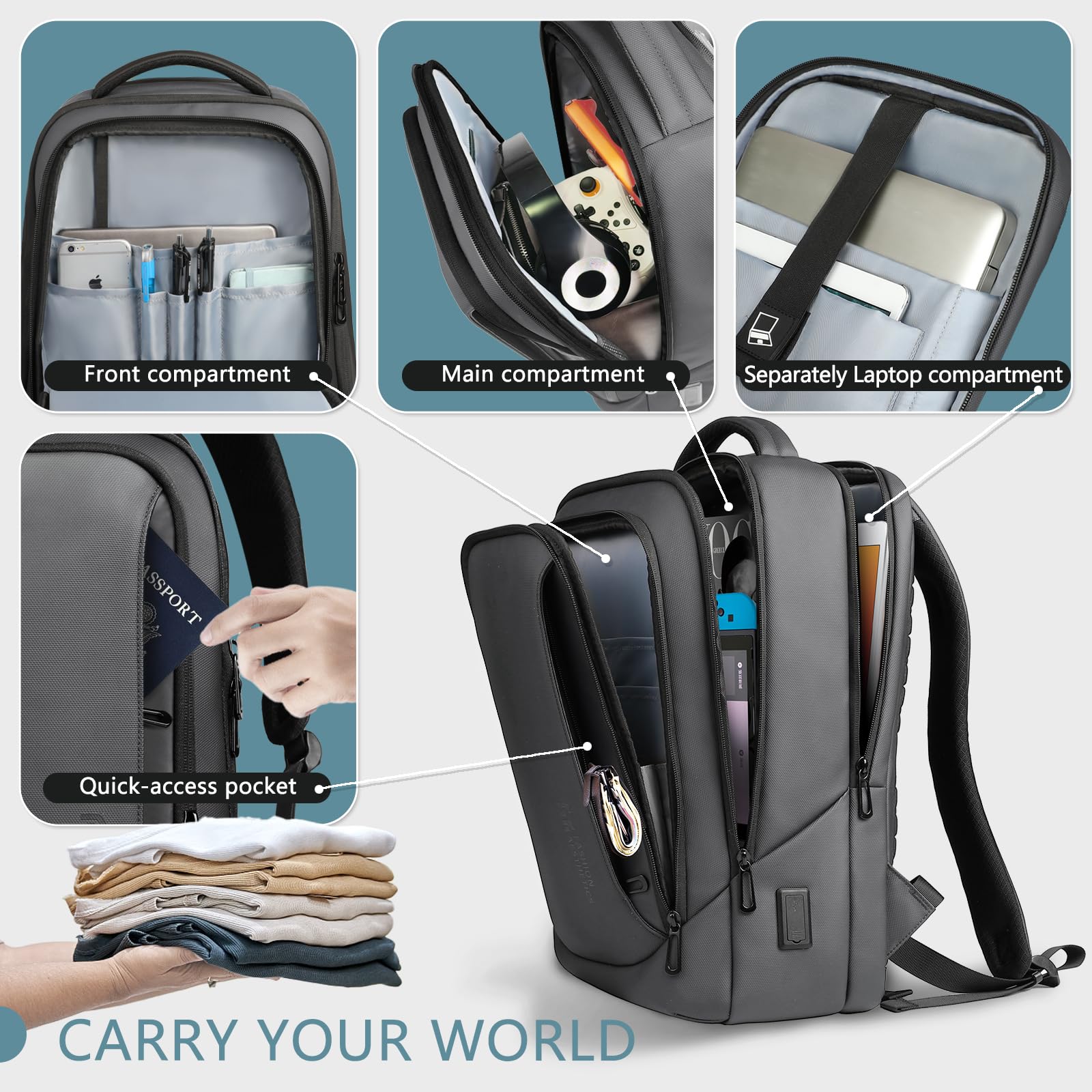 hk Zaino per laptop da uomo con porta di ricarica USB, impermeabile, per computer da 15,6 pollici, resistente, high-tech, zaino casual per lavoro, università, weekender, viaggi, grigio scuro, grigio