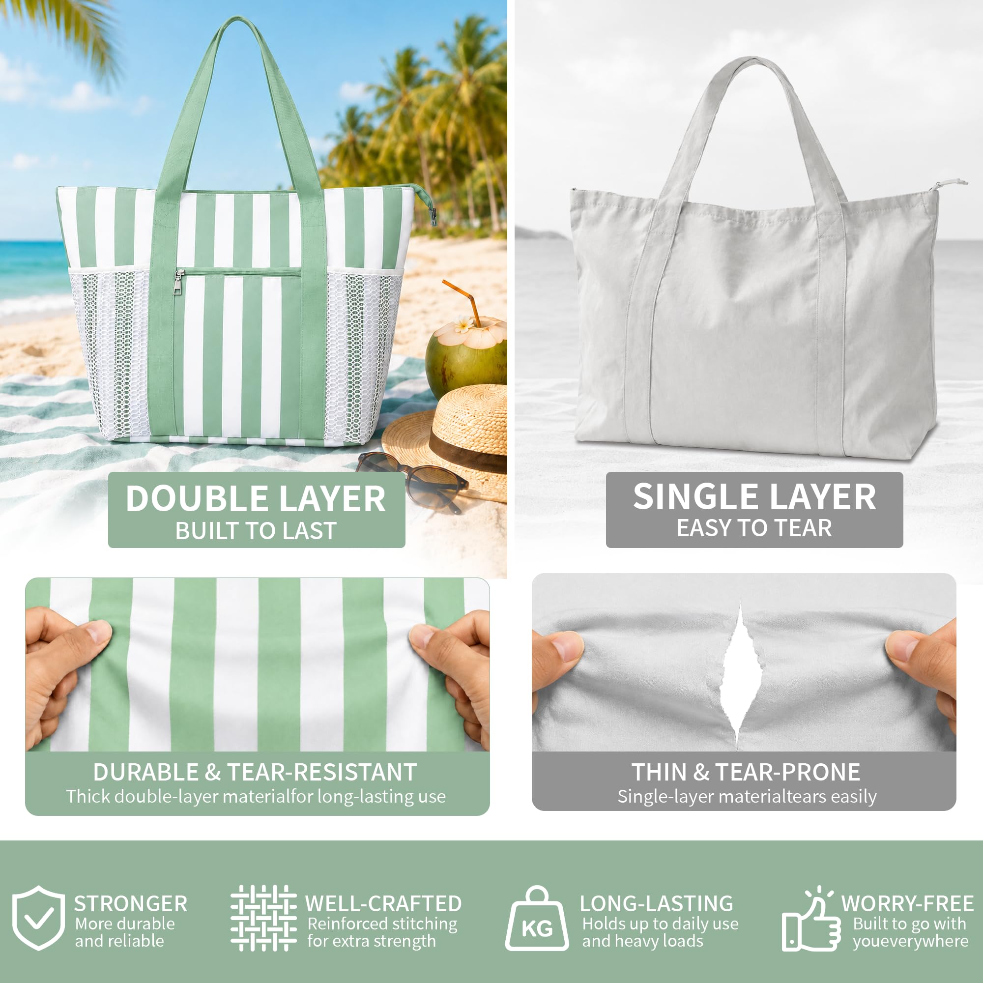 TAHAVICE Sac de plage XXL Famille Sac de bain pour femme Imperméable Sac de plage Sac fourre-tout pour plage, voyage, piscine, gym