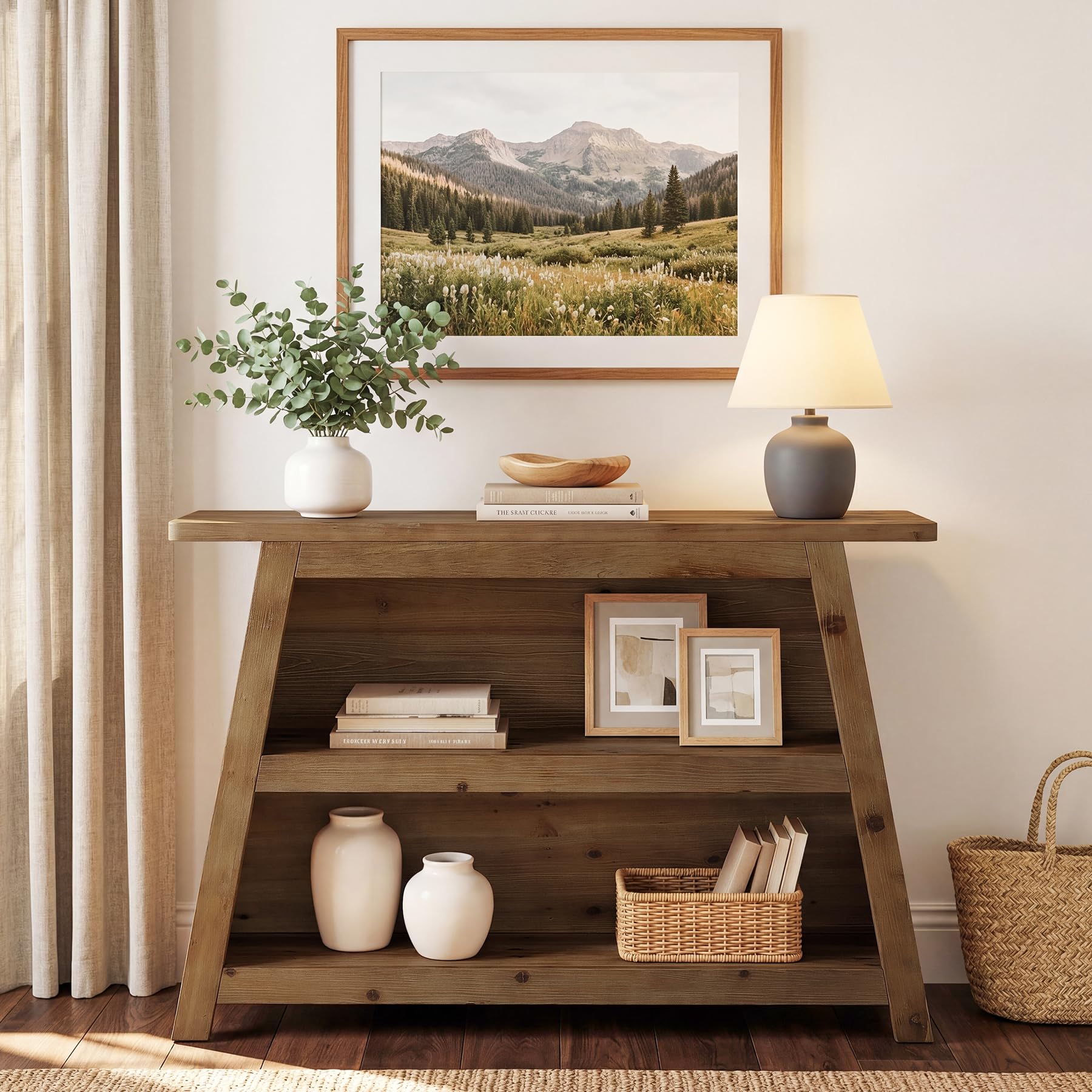 Massivholz Konsolentisch, 120 cm Schmale Eingangstisch, Sofatisch mit 3-stöckiger, Landhausstil Couch-Tische hinter dem Sofa für Eingangsbereich, Flur, Foyer, Rustikales Braun