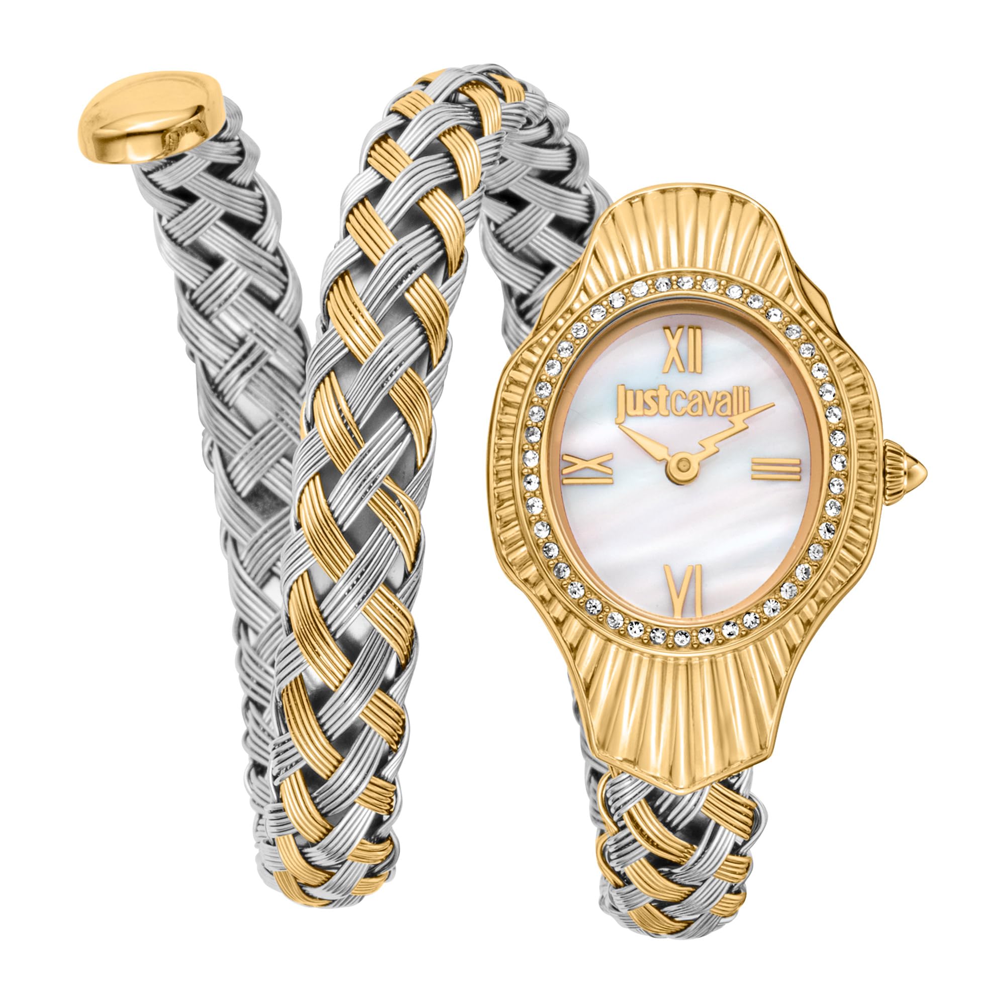 Just CavalliWomen Watch, Gold Color Case, White MOP Dial, Two Tone Silver & Gold Color Metal Bracelet, 2 Hands, 3 ATM