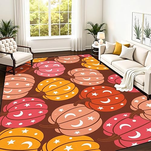 Fall Autumn 70s Groovy Hippie Retro Pumpkin Seamless Vintage Floral Area Rug Outdoor Patio Rug Play Mat Modern Floor Carpet Non-Slip Home Decor