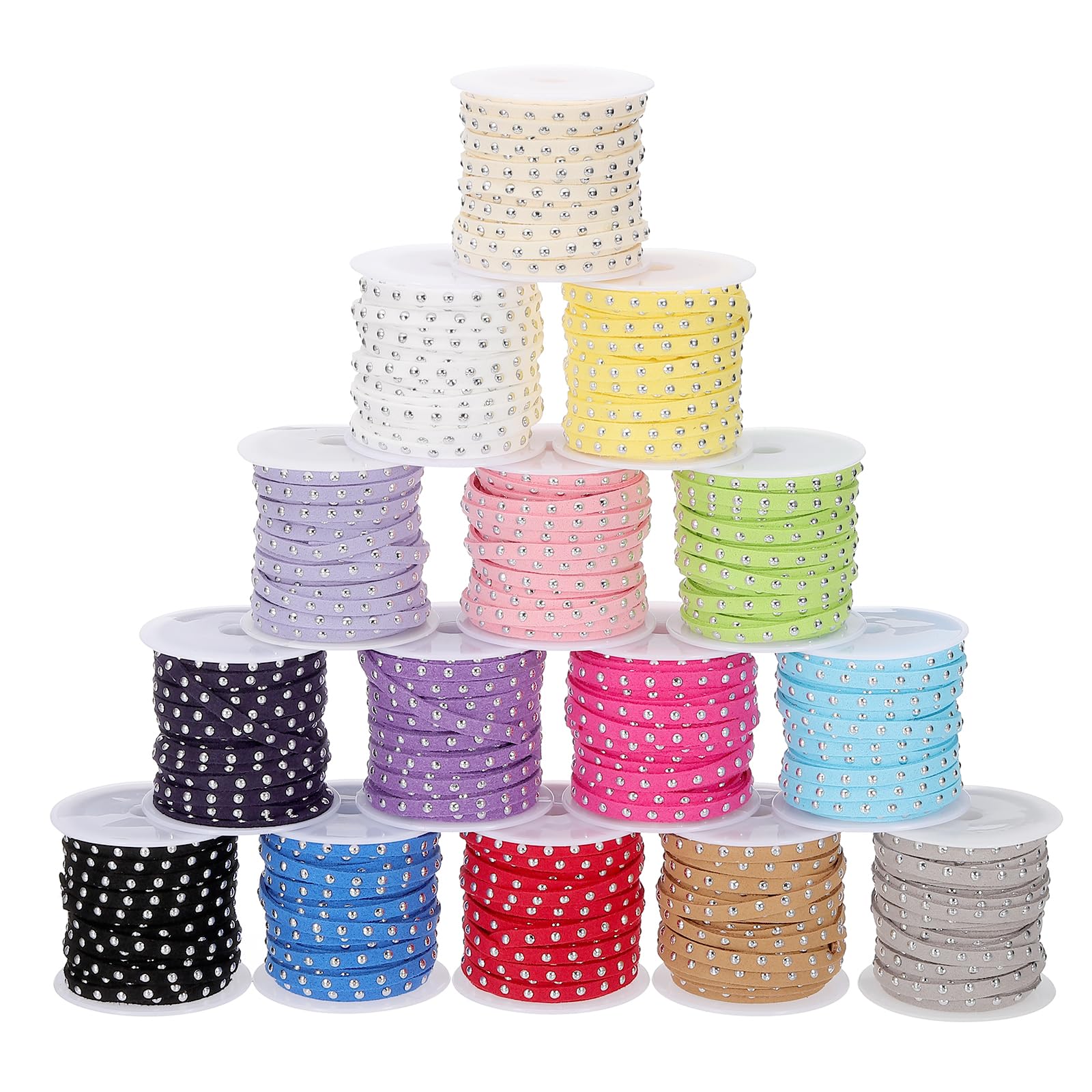 PATIKIL 82 Yards Studded Faux Suede Cord Rope for Jewelry Making 15 Pack Each 5 Meter 5mm Micro Fibre Flat Leather Lace Beading String Ribbon with Silver Rivets