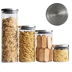 Kit Potes Herméticos de vidro 4 Unidades com Tampas INOX, Tamanhos Variados | Conjunto de Porta Mantimentos, Ideal para Organização de Cozinha | Potes de Vidro com Tampa Hermética INOX | Hyatto Home