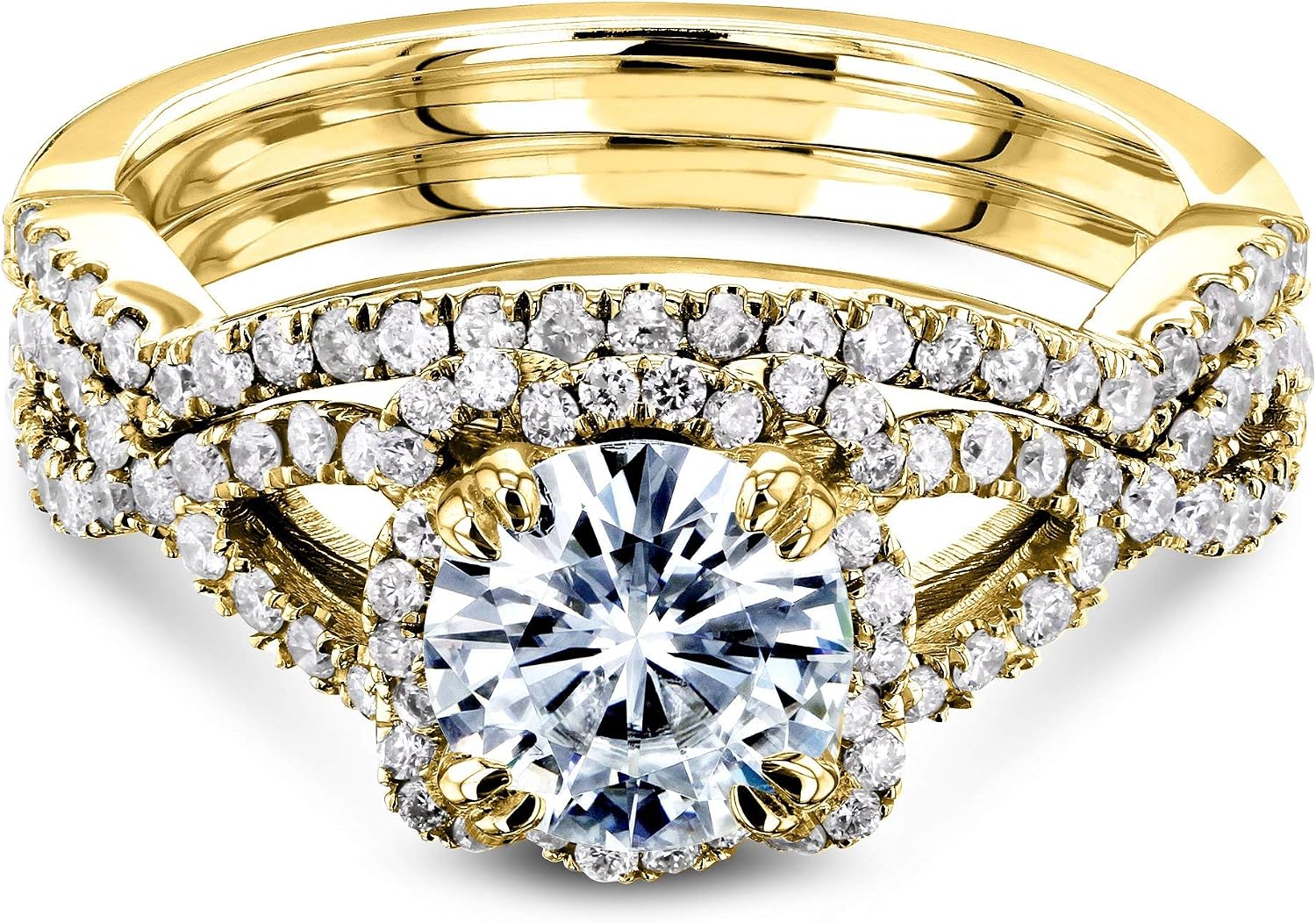 Kobelli Round Moissanite (GH/VS) Fancy Halo Cross Shank Gold Bridal Set