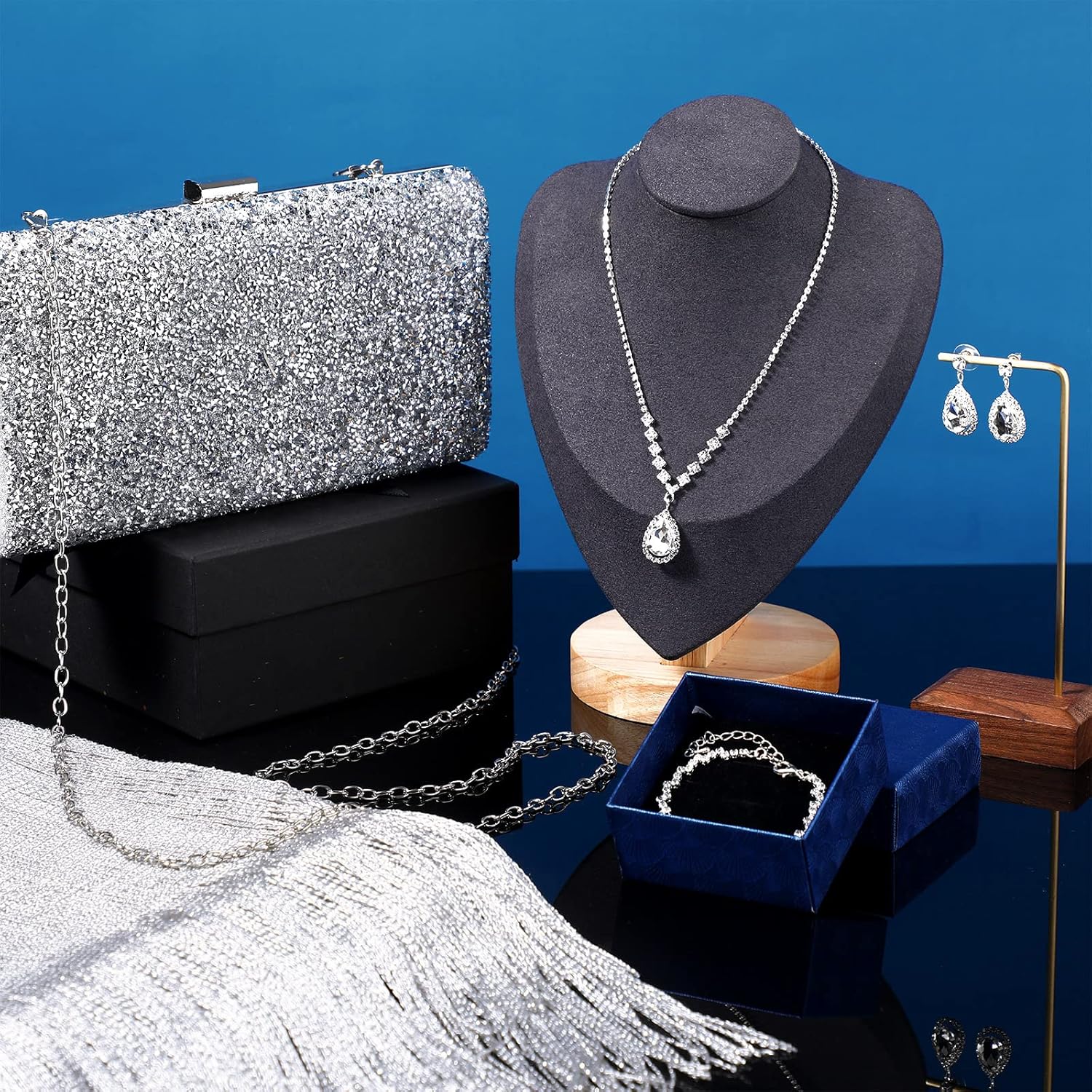 Tiamon 5 Pcs Rhinestone Jewelry Sets Shawls and Wraps Formal Clutch Purses for Women Evening Dresses Wedding