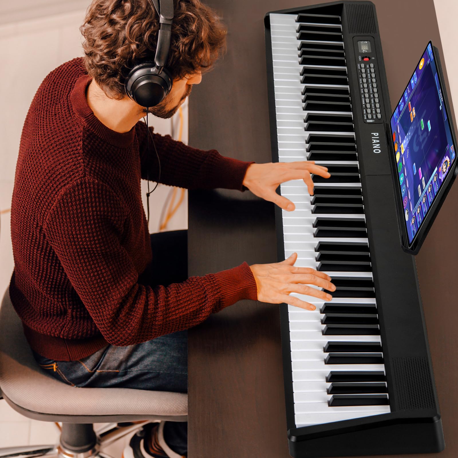 KOMFOTTEU Pianino cyfrowe 88 klawiszy, MIDI bezprzewodowe, podwójne głośniki, pianina elektroniczne, klawiatura semi-ważona, 1000 brzmień i rytmów, składane pianino cyfrowe z torbą transportową (Biały