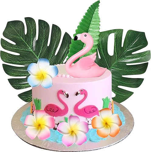 Miniatura 8 de 12 piezas de decoración de pastel de flamenco, flores de hibisco, hojas de palma, paletas, paletas, para verano, playa hawaiana, tropical, Luau