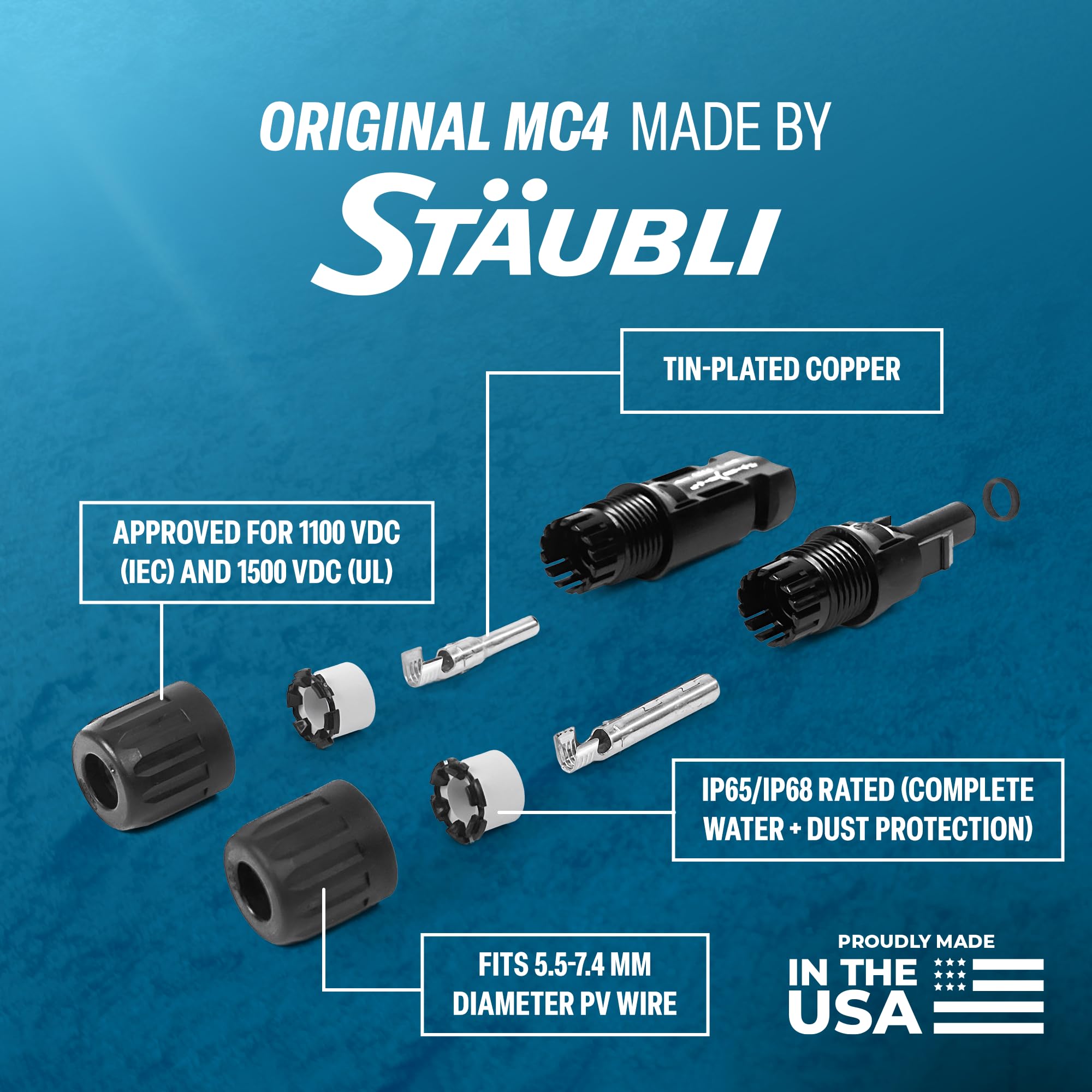 Staubli MC4 - Conectores de panel solar macho y hembra (10 pares) - para cable fotovoltaico, fabricado en Estados Unidos