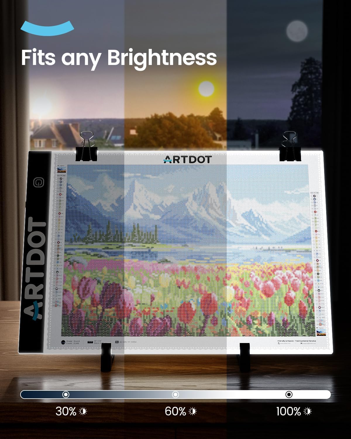 ARTDOT A4 LED Light Pad demonstrating three adjustable brightness levels