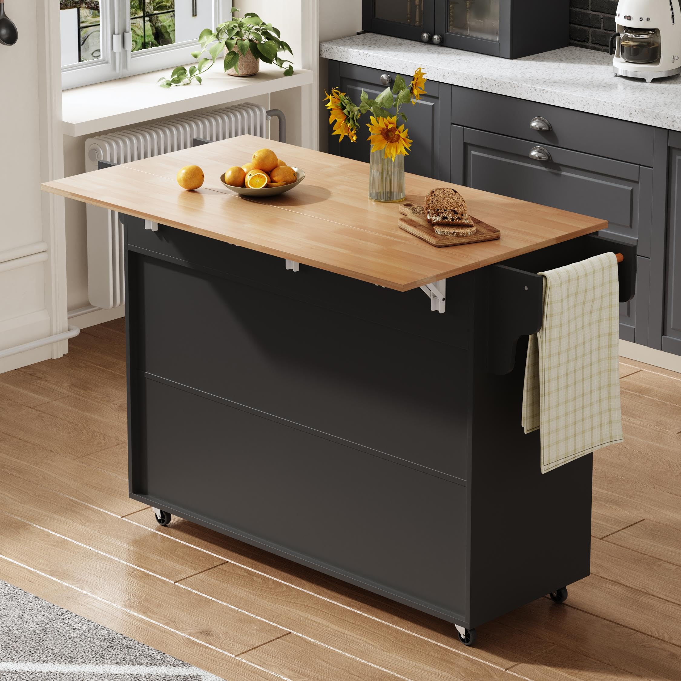 Kücheninsel mit Klappbare Arbeitsplatte 45-70 cm, Küchenschrank mit Schublade, Küchenwagen mit Rollen und Handtuchhalter
