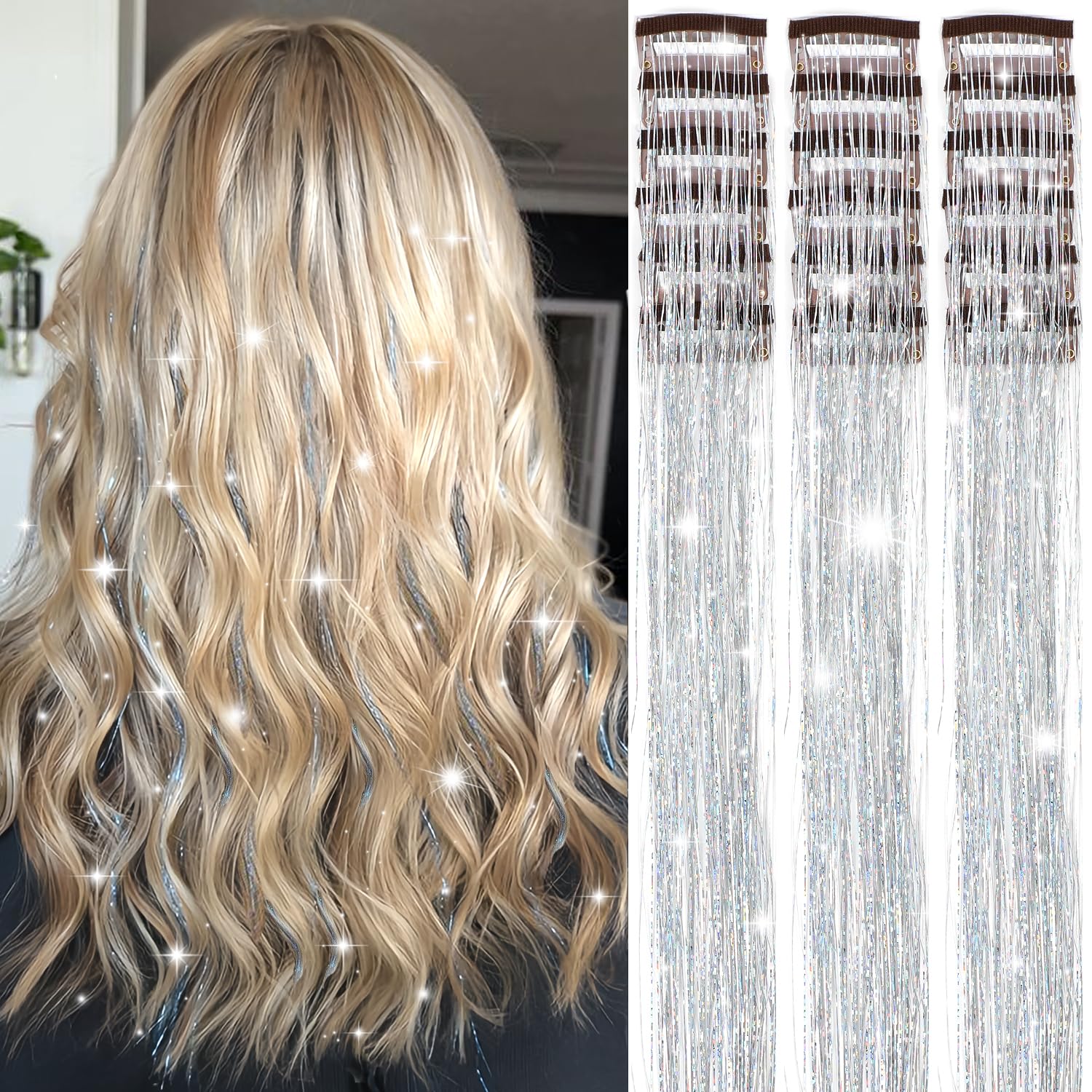 Paquete de 18 extensiones de cabello de oropel con clip de oropel con purpurina de 20.5 pulgadas, kit de oropel para fiesta, festival, accesorios para el cabello de hada para niñas, mujeres y