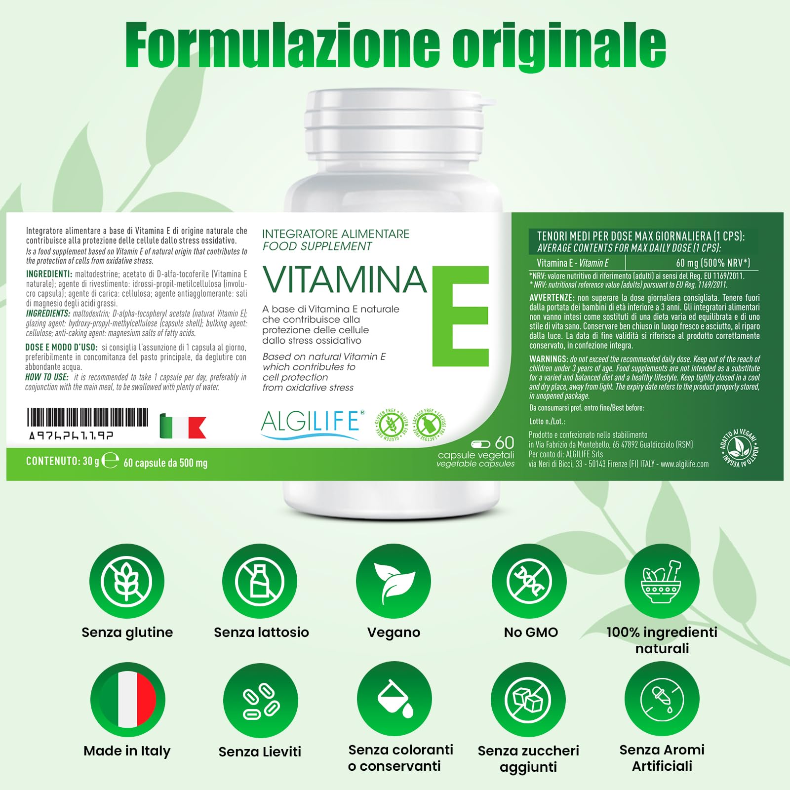 Algilife - Vitamina E Pura in Capsule Vegetali da 60 Mg. Vitamina E Per Viso e Corpo 100% Naturale con Tocoferolo. Vegan Senza Glutine e Lattosio (60 Capsule, scorta 2 mesi)