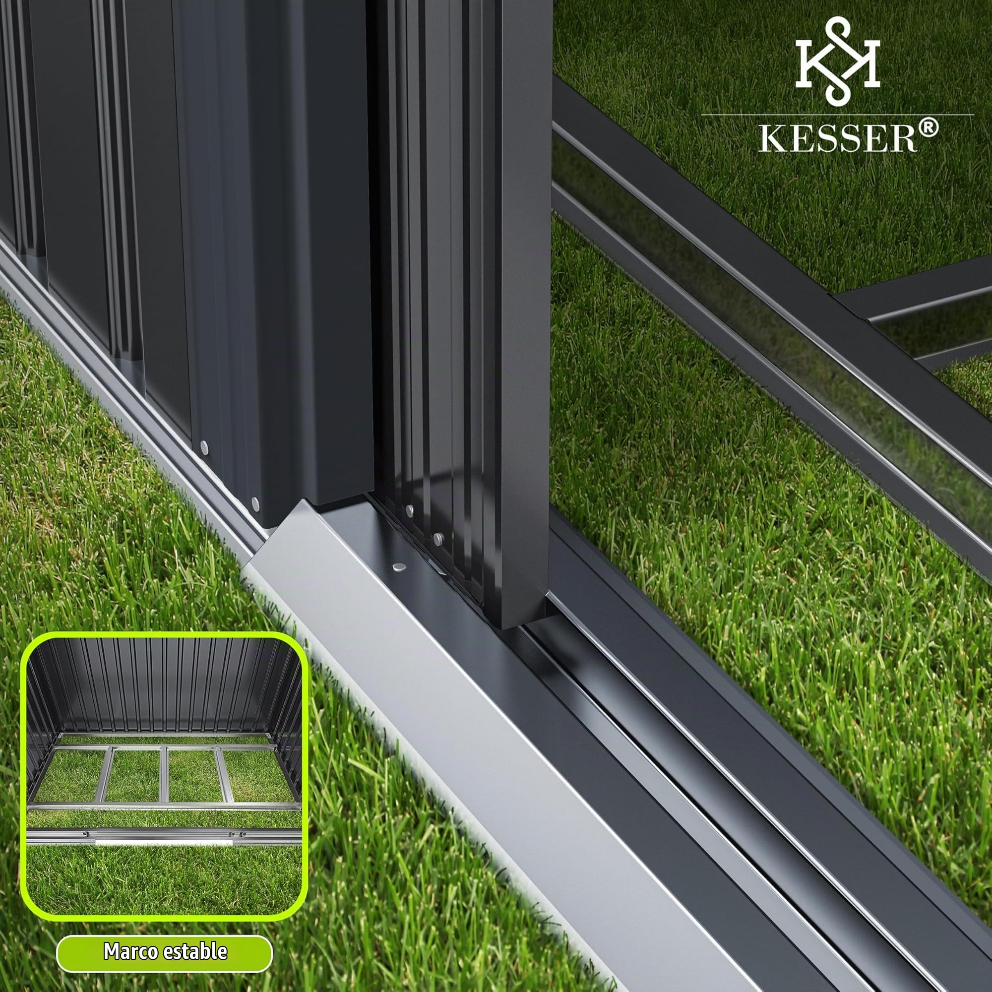 KESSER® - Cobertizo de metal L de 4 m³ con base | 194 x 112 x 181 cm | 2 puertas correderas y cimientos | cobertizo para equipos | armario de cobertizo de jardín | cobertizo de jardín con techo