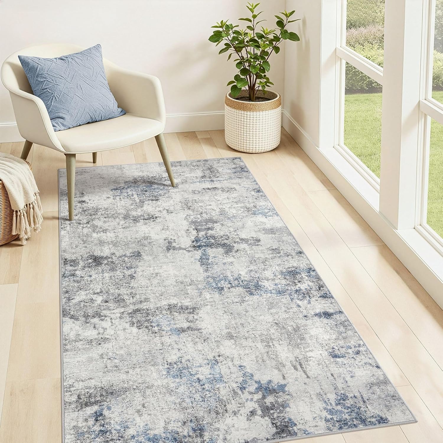 Living Room Area Rugs - 3x5 Abstract Large Soft Indoor Washable Rug Neutral Modern Low Pile Carpet for Bedroom Dining Room Farmhouse Home Office - Grey Blue Grey Blue 3' x 5' (Rectangular)