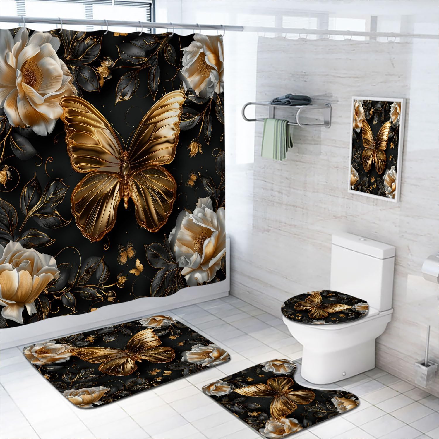 4 Pcs Roses Butterfly Gold Shower Curtain Set with Rugs,Toilet Lid Cover, Bath Mat Black Gradient Floral Dream Bathroom Shower Curtain with 12 Hooks Accessories Decorative