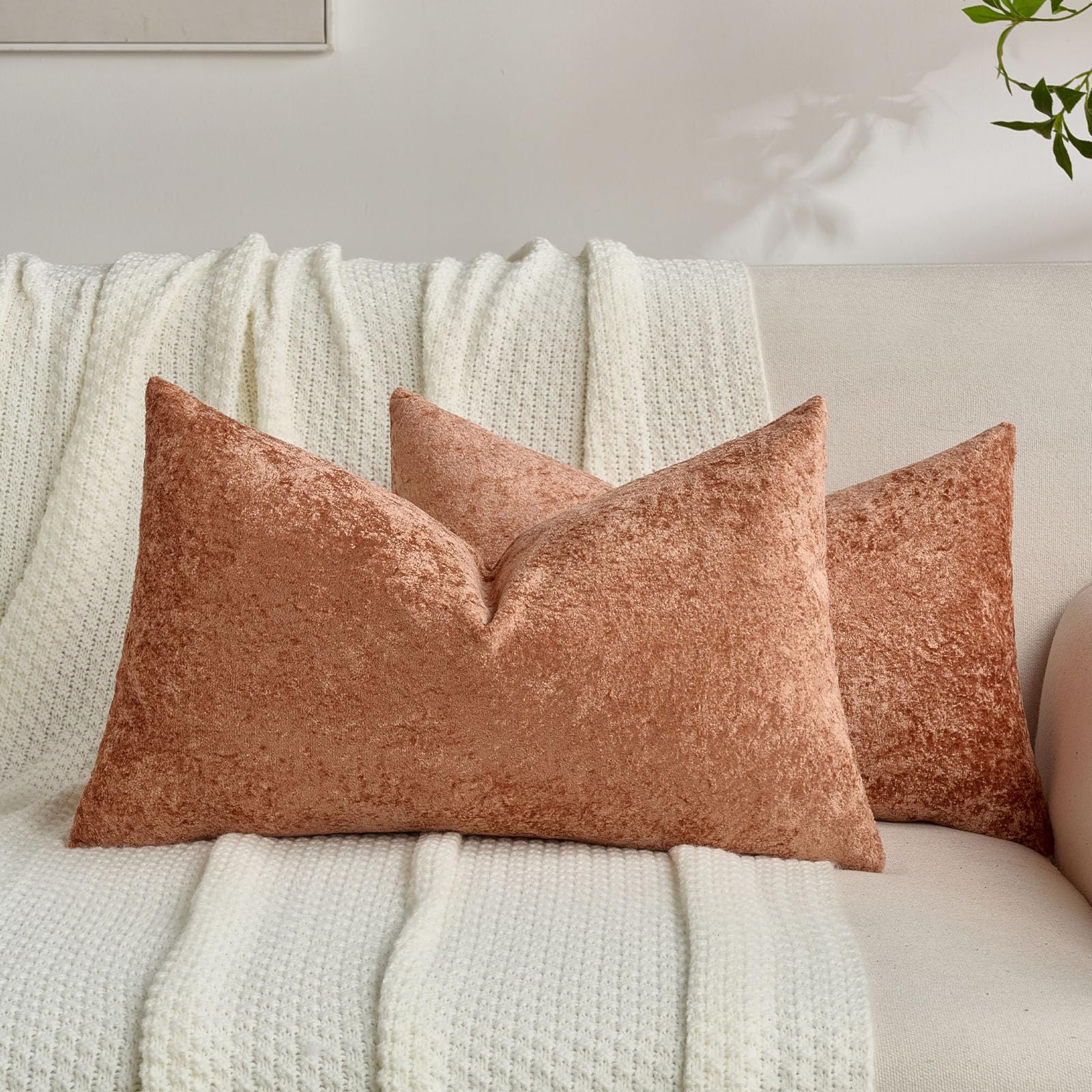 FUTEI Set of 2 Soft Flannel 30x50 cm Cushion Covers Crushed Textured Solid Scatter Pillowcase 30 x 50 cm Modern Accent for Sofa Bedroon Living Room, Rust