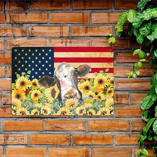 Miniatura 2 de Independence Day 4th of July Decor Tin Sign National Day Cow Sunflower USA Flag Tin Plaque Rustic Retro Metal Sign Rustic Oil Painting Funny Metal