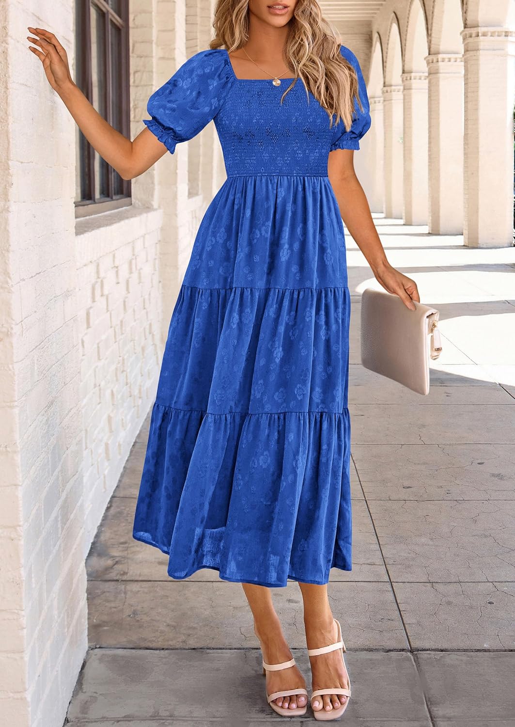 PRETTYGARDEN Women's 2026 Summer Casual Midi Dresses Square Neck Short Sleeve Smocked A Line Floral Flowy Elegant Boho Dress - Image 3