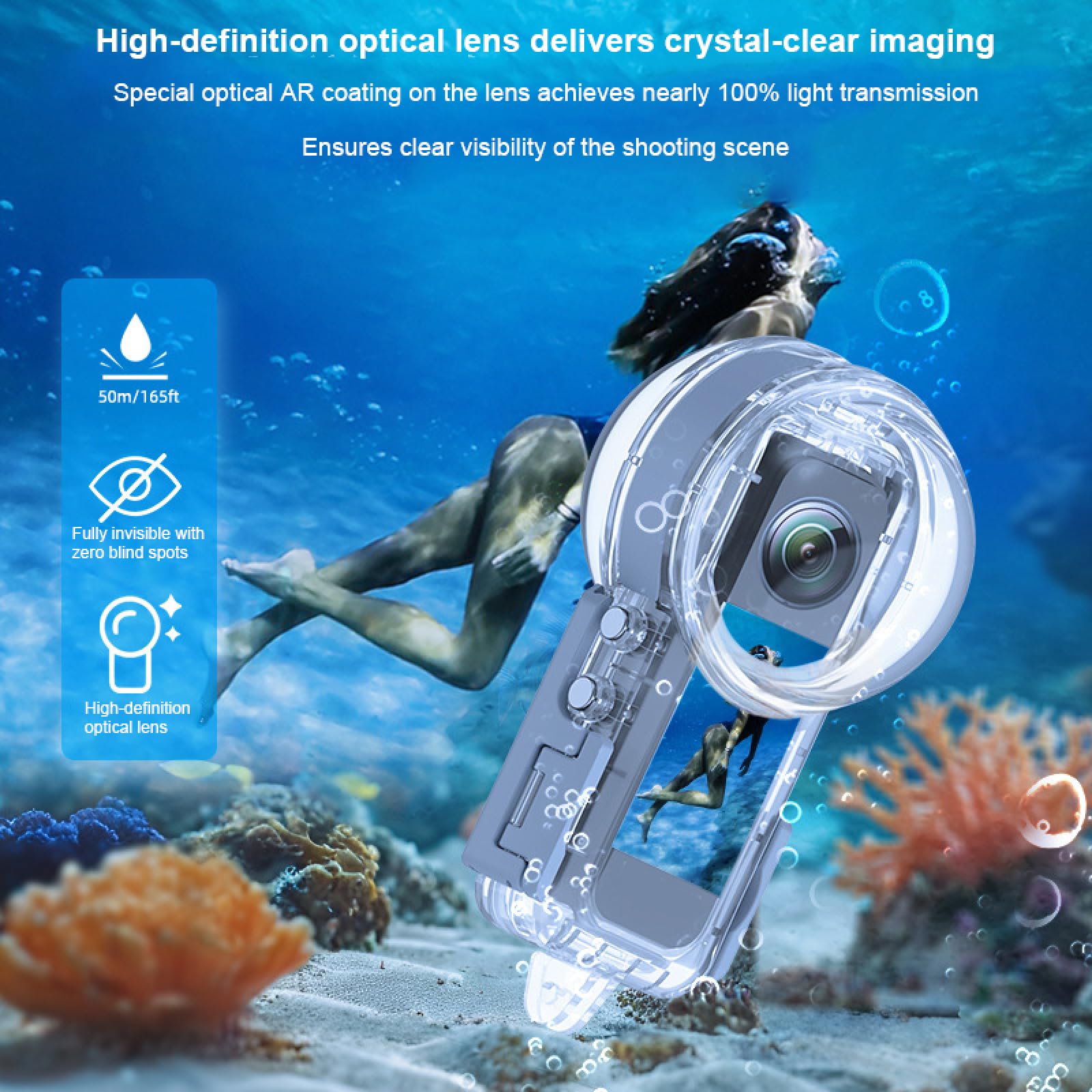 Carcasa impermeable de 50 m para Insta 360 X5, funda de buceo para Insta360 X5, funda de buceo invisible para accesorios de buceo subacuático