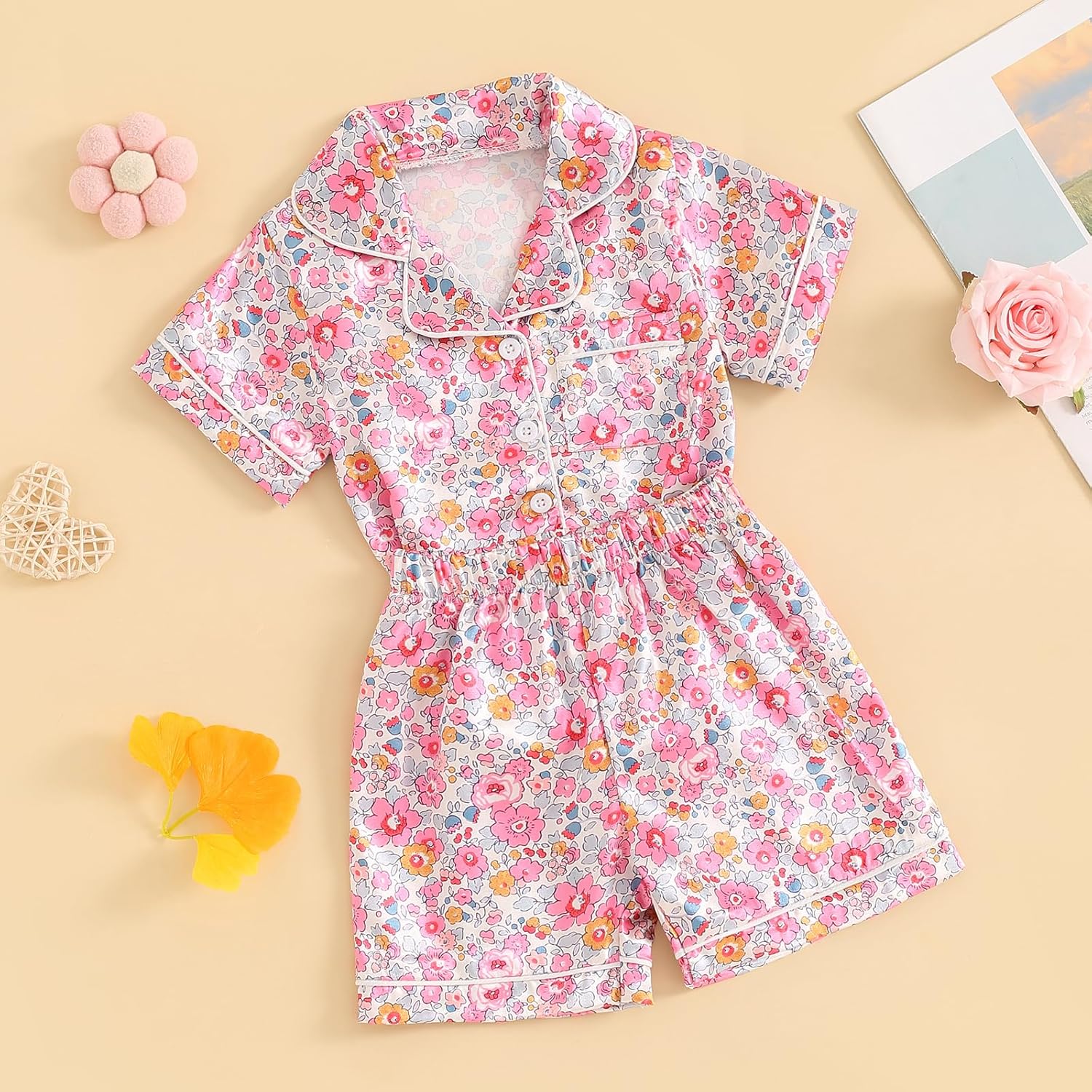 Toddler Girl Floral Pajamas Set Short Sleeve Button Down Shirt And Shorts 2Pcs Kids Pjs Loungewear - Image 3