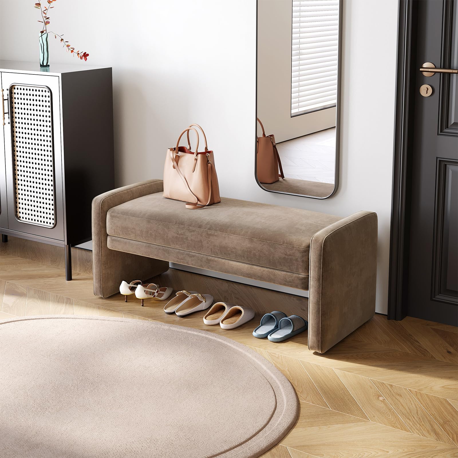 Miuuod Banc ottoman rembourré en lin, siège d'entrée pour salon, salle à manger avec siège rembourré pour chambre à coucher et couloir, marron