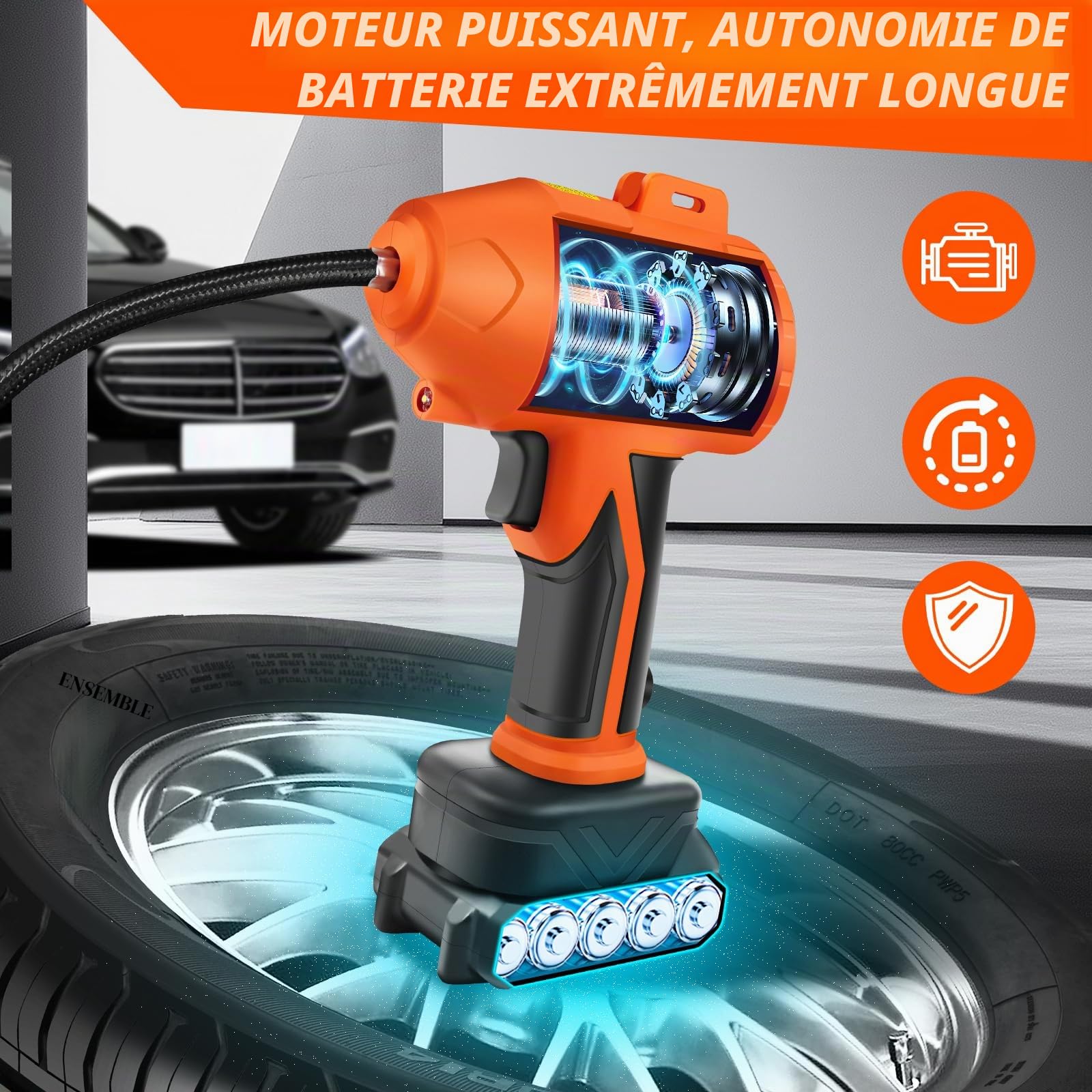 Gonfleur de pneu Compresseur d'air avec batterie 21 V et câble CC 12 V Pompe portable avec manomètre numérique (max. 180 PSI) pour voitures, motos, vélos et ballons