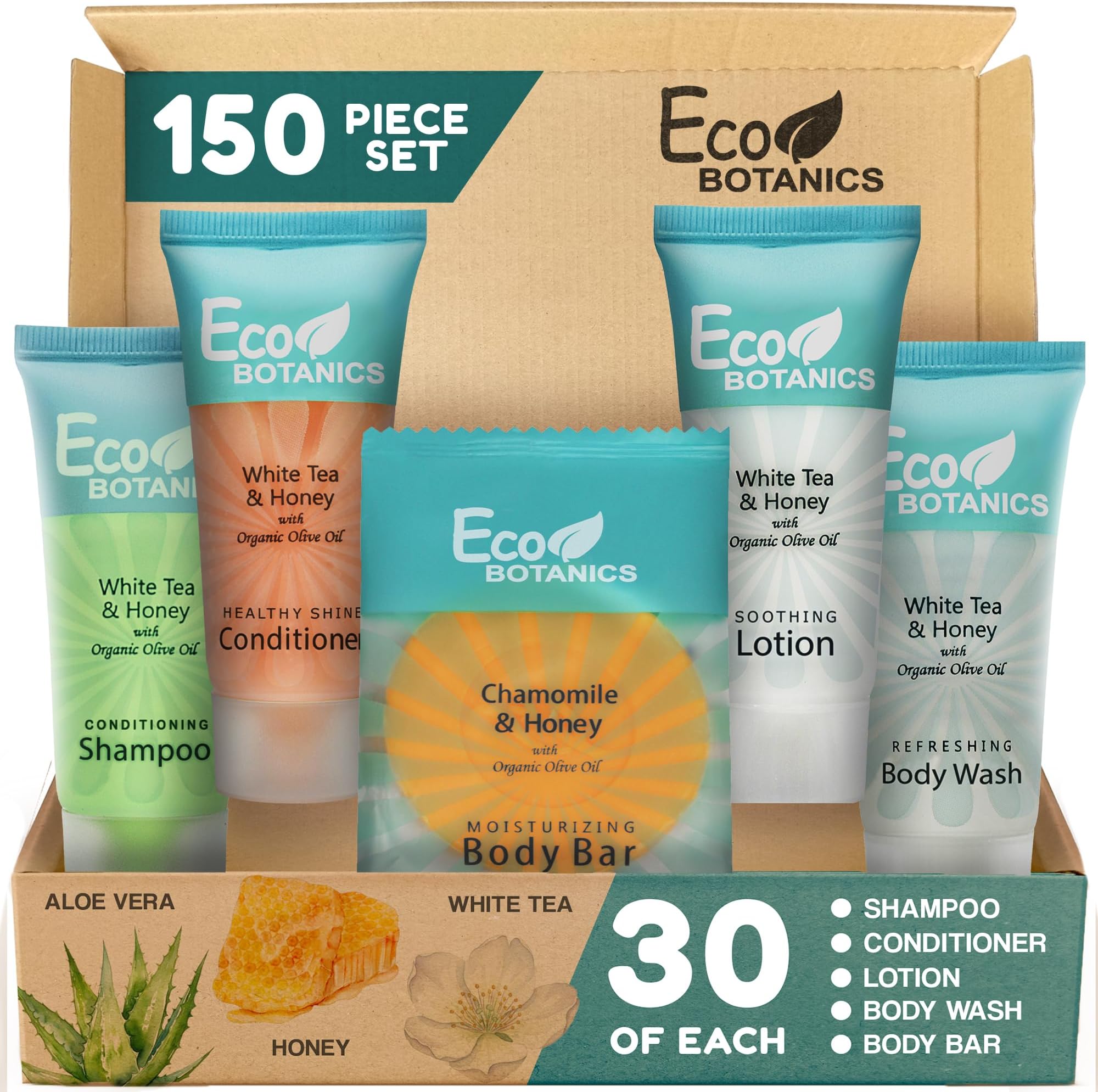 Eco Botanics Hotel Soaps and Toiletries Bulk Set | 1-Shoppe All-In-Kit Amenities for Hotels | 0.85oz Hotel Shampoo & Conditioner, Body Wash, Body Lotion & 0.89oz Bar Soap Travel Size | 150 Pieces