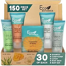 Travel Size Hotel Toiletry Set 150 Count 0.85 oz Bottles Guest Amenities for Vacation Rentals and Short Term Rentals Paraben Free White Tea Scent Infused with Aloe and Olive Oil by Eco Botanics