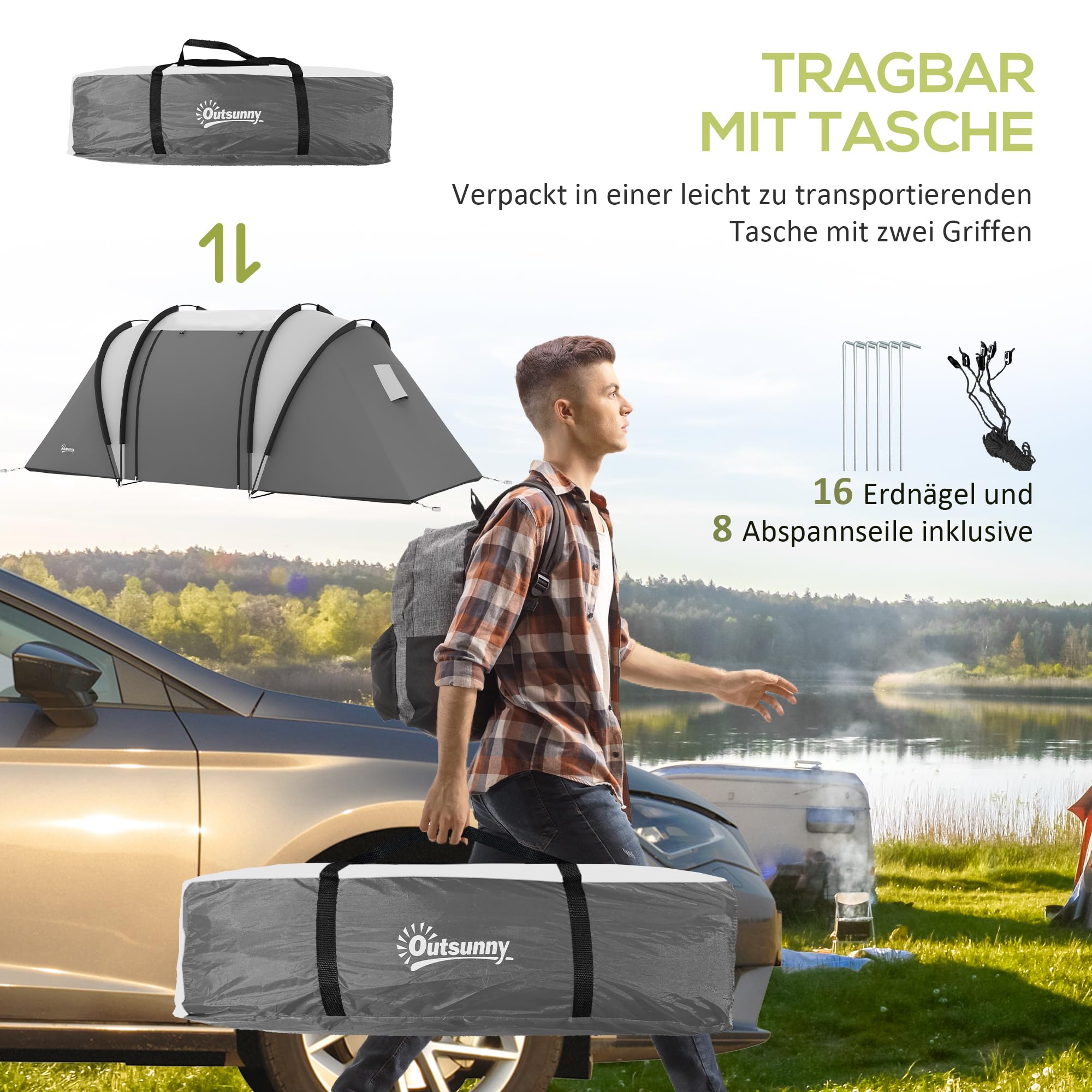 Outsunny Campingzelt für 4-5 Personen leicht wasserabweisend Familienzelt mit 2 Zimmer Seitentür Fenster, Zelt mit 3000mm Wassersäule Tunnelzelt Kuppelzelt für Camping Reise Garten