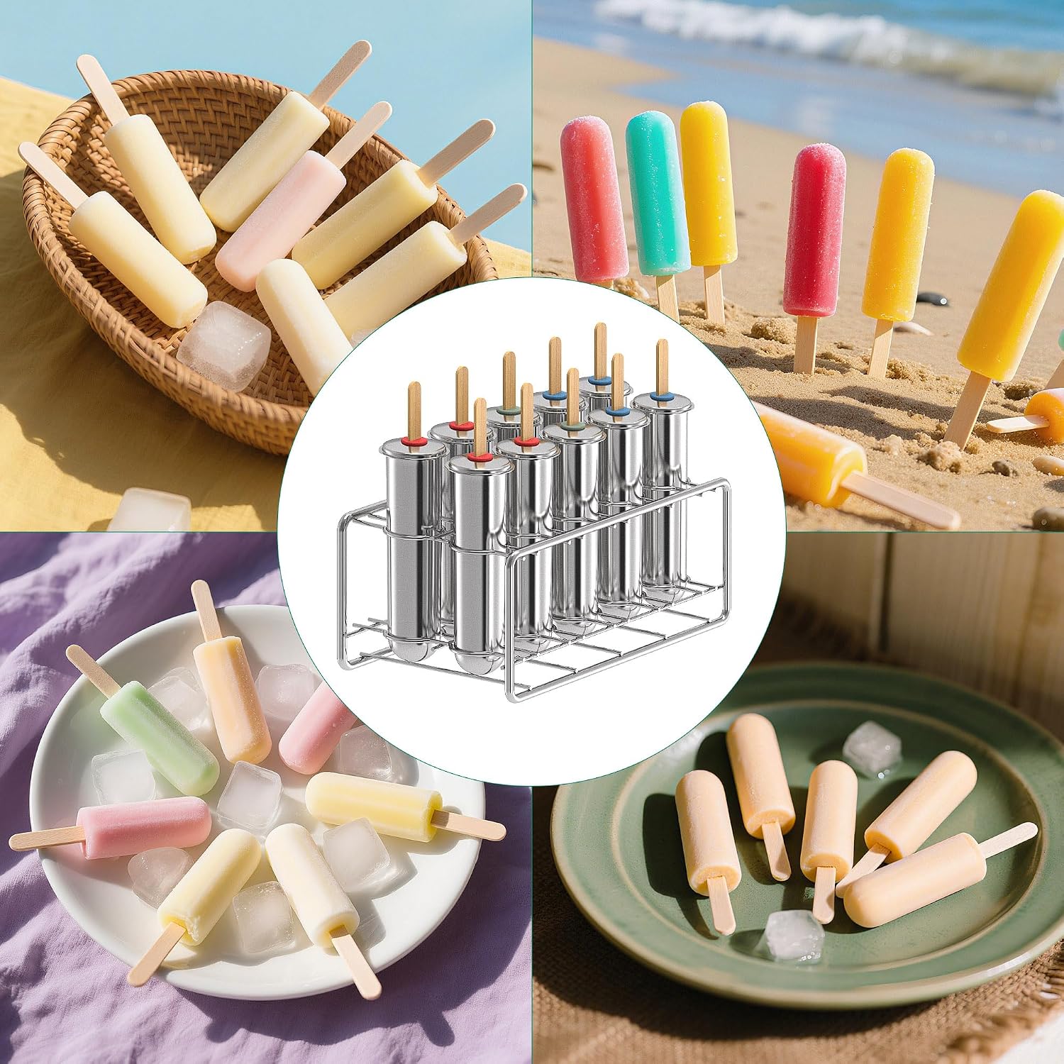 10 Pack Stainless Steel Popsicle Molds, Homemade Round Ice Lolly Molds with Holder, Reusable Fast Freezing Ice Treat Maker with Wooden Sticks and Bags
