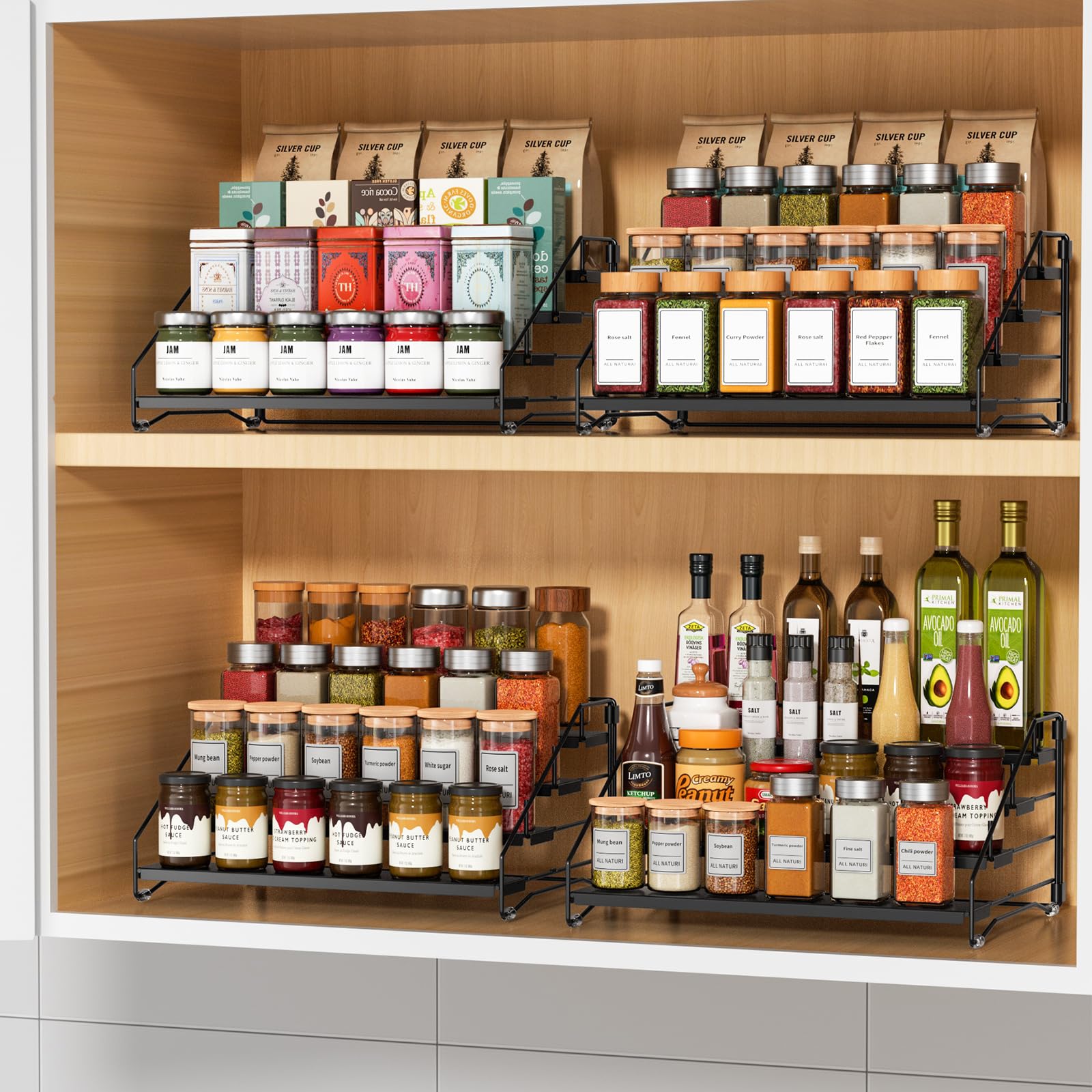 RCHYFEED Lot de 2 étagères à épices pour placard, garde-manger, étagère à épices à 4 niveaux, organisation facile à visibilité, étagère extensible pour assaisonnement pour armoire (noir, lot de 2)