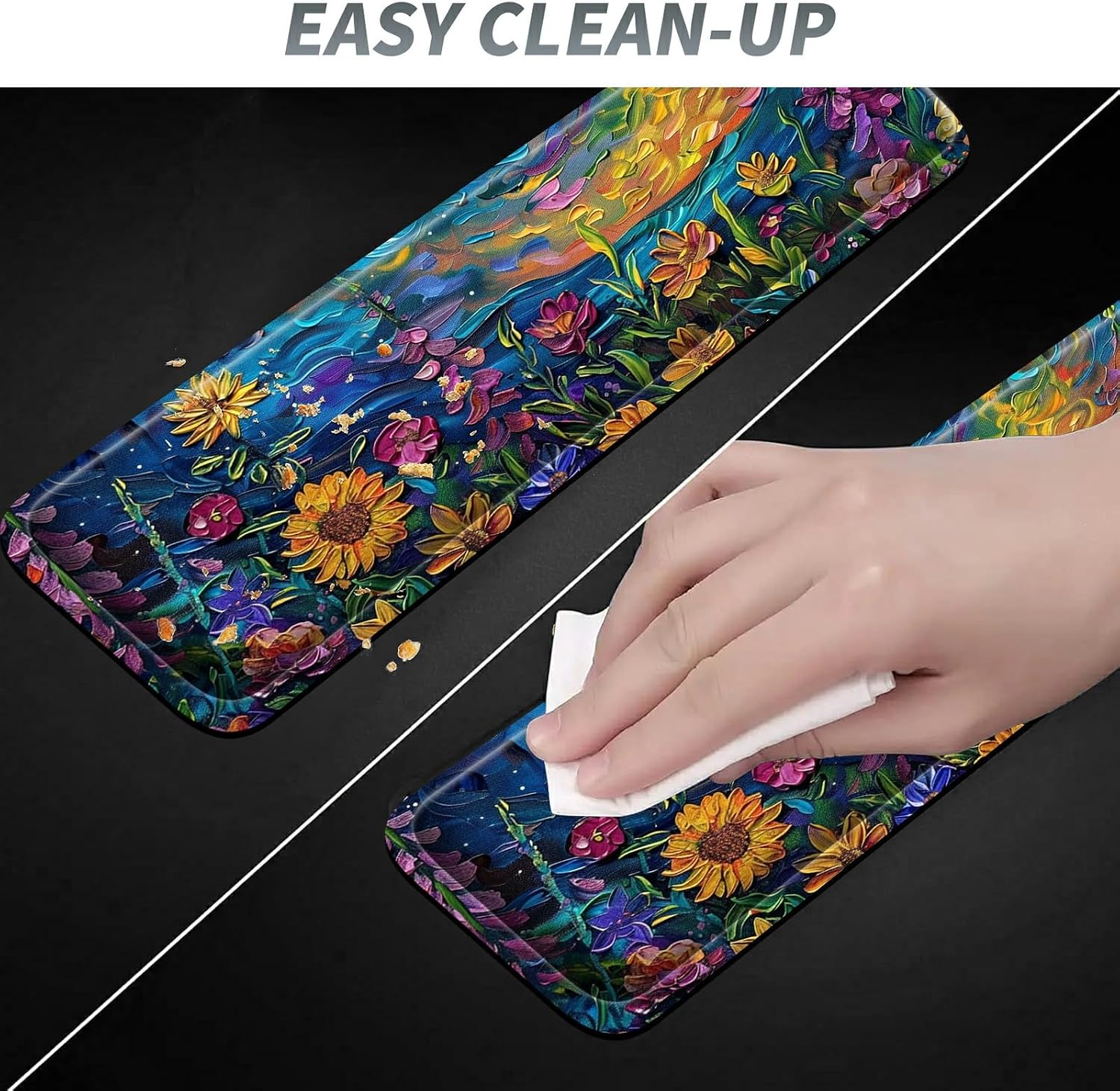3Pcs Mouse Pad Set, Watercolor Flowers Large Gaming Mouse Pad with Stitched Edge, Ergonomic Memory Foam Keyboard Wrist Support and Mouse Wrist Rest Cushion, Pain Relief Non-Slip Desk Pad Combo