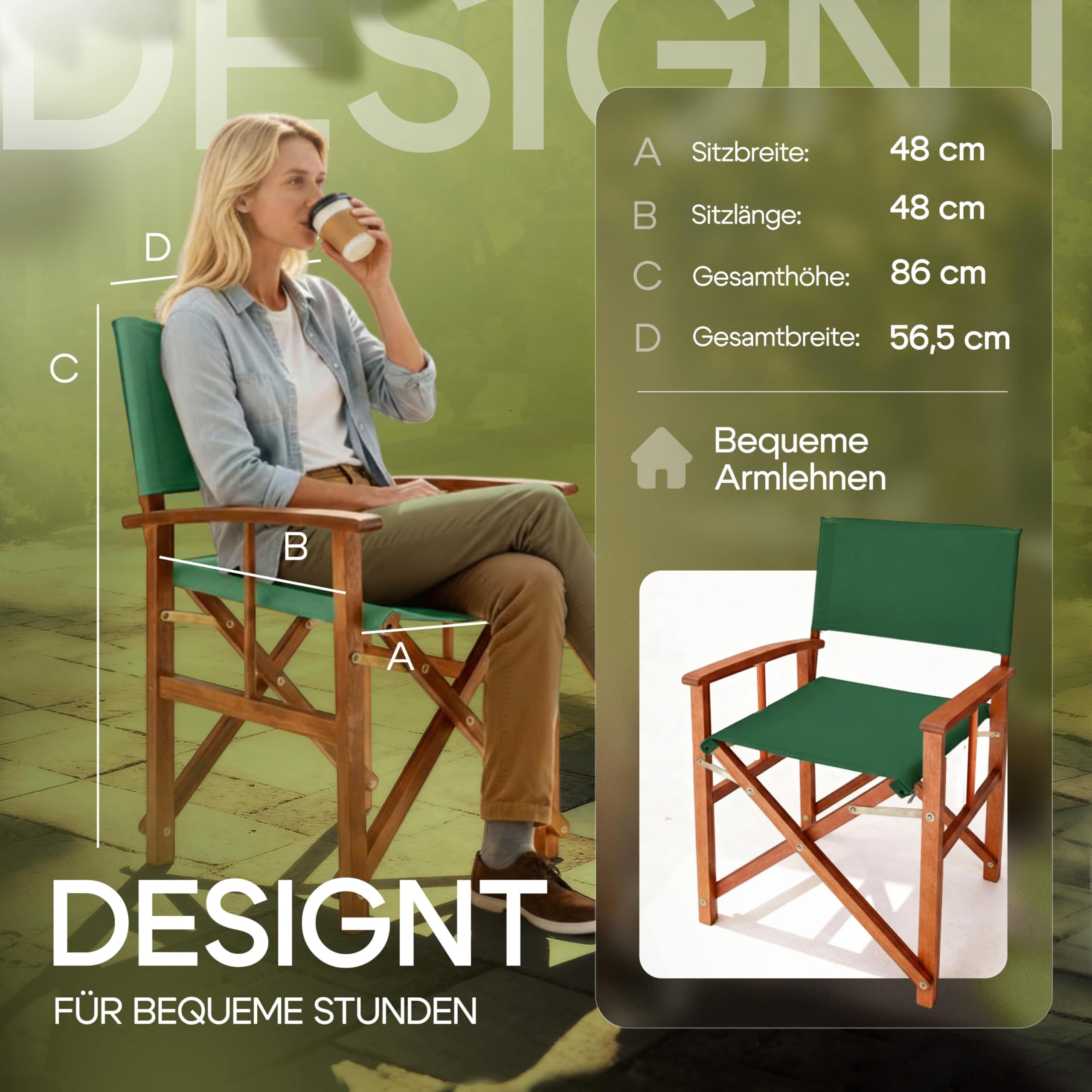 Casaria® Regiestuhl 2er Set aus FSC® Eukalyptusholz - Klappbarer Gartenstuhl mit Armlehnen, waschbarem Bezug & 46 cm Sitzhöhe, bis 160 kg belastbar - Holzstuhl für Balkon, Terrasse & Camping