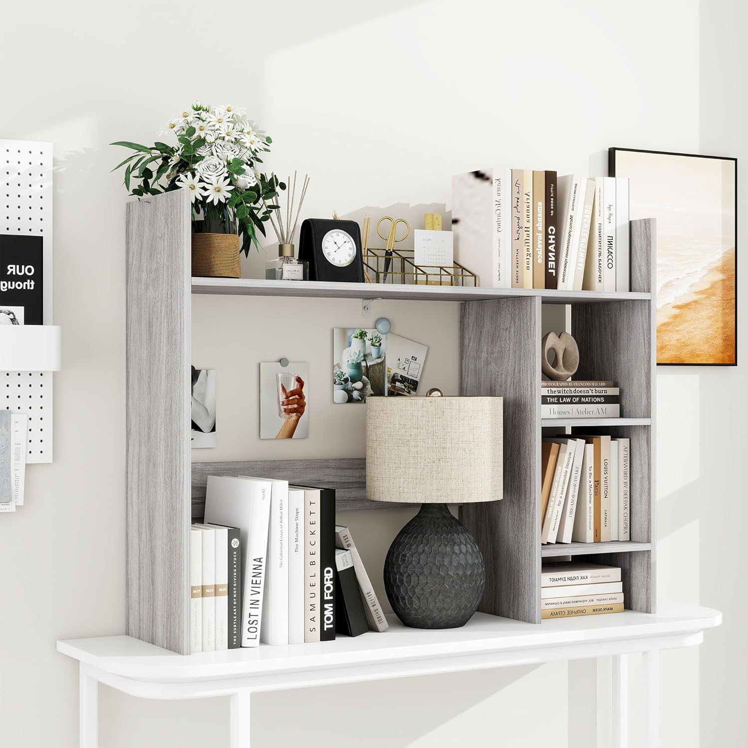 FTZxHKLX Desktop Bookshelf, Wooden Desk Hutch for Computer Monitor Up to 27'' with 3 Open Storage Shelves, Large 4-Tier Desk Organizer for Dorm Office Home, Wash Grey