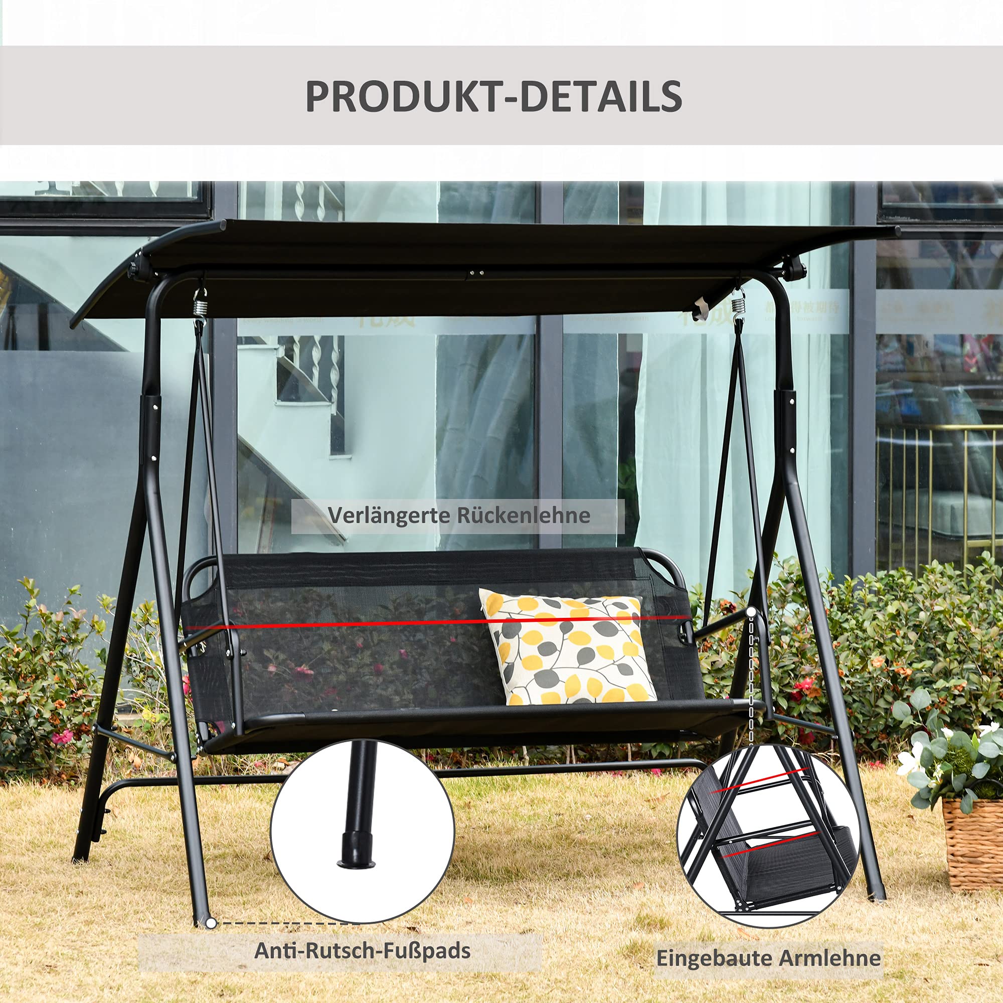 Outsunny 2-Sitzer Hollywoodschaukel Outdoor Gartenliege UV-beständig Hochwertiges Metallrohr winkeleinstellbar Schwarz
