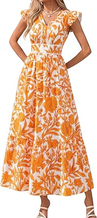 Womens Summer Boho Floral Maxi Dress V Neck Smocked Ruffle Sleeve 2026 Spring Flowy Beach Vacation Sundresses with Pockets