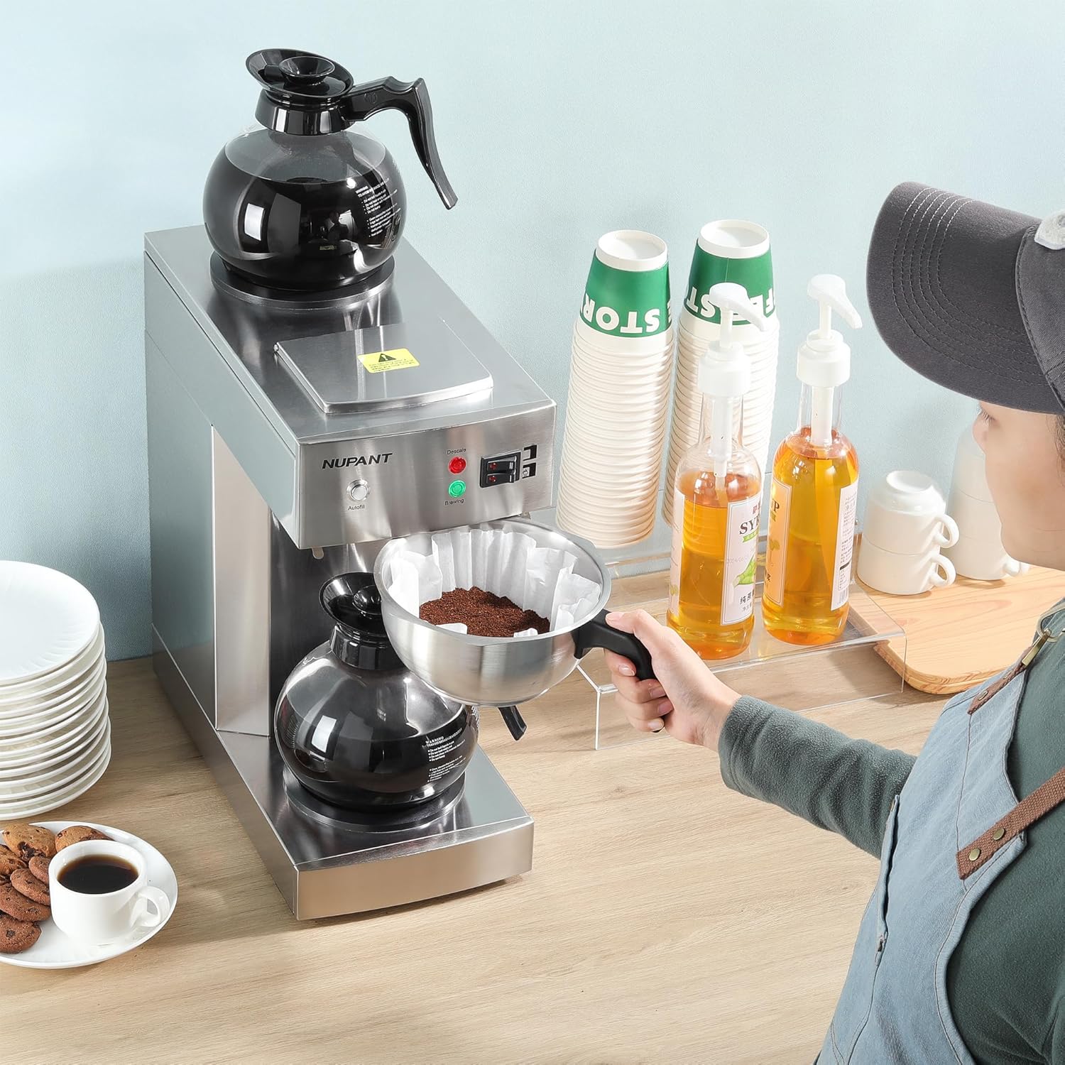 12-Cup Commercial Coffee Maker with Water Line 1.8L Auto-Filling Drip Coffee Maker Machine with 2 Glass Carafes and 2 Warmers Stainless Steel Pour over Coffee Brewer for Restaurant Office cafe