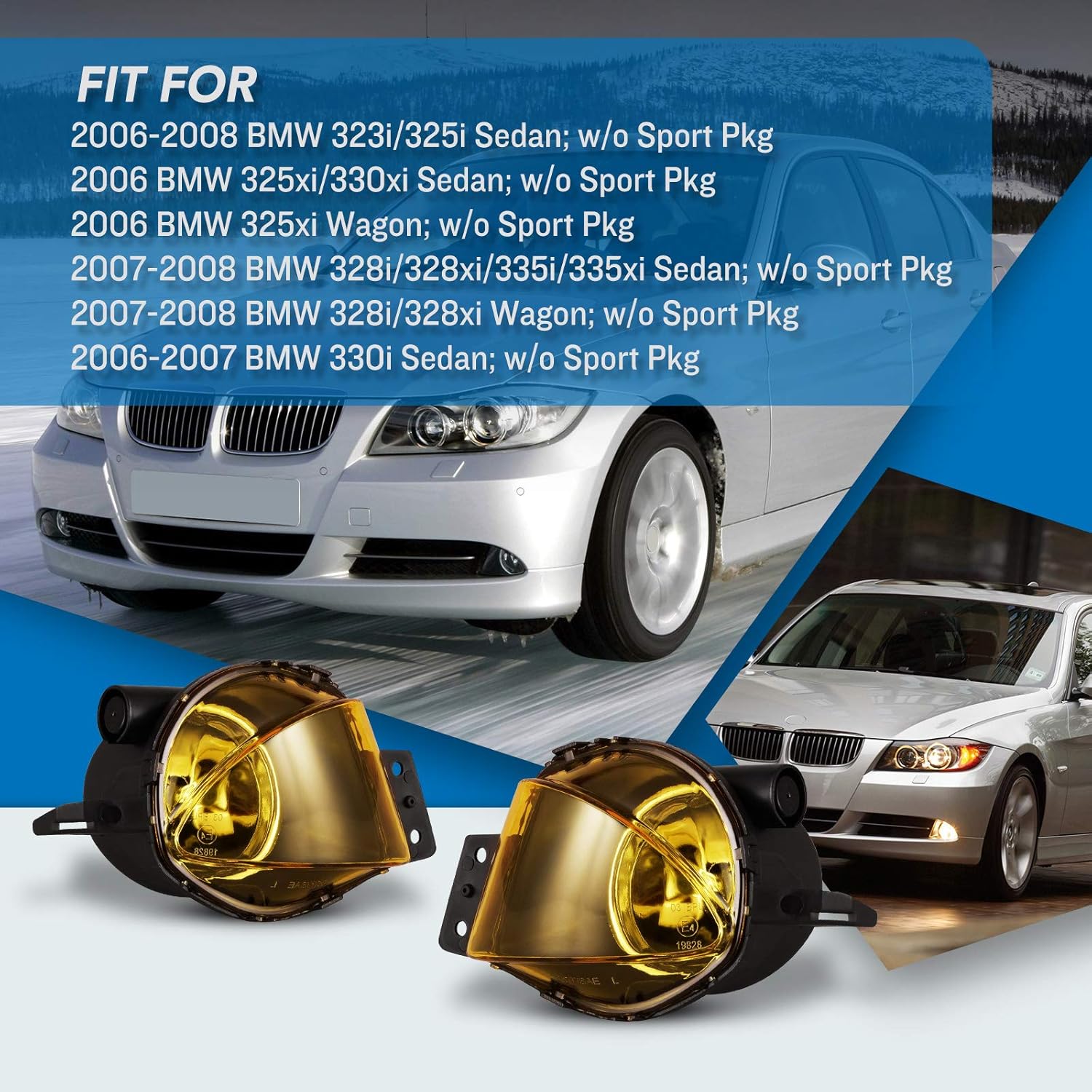 AUTOWIKI Fog Lights Compatible with 2006-2008 BMW 3 Series E90 Seden/ E91 Wagon (w/o Sport Pkg) With Yellow Lens 2PCS